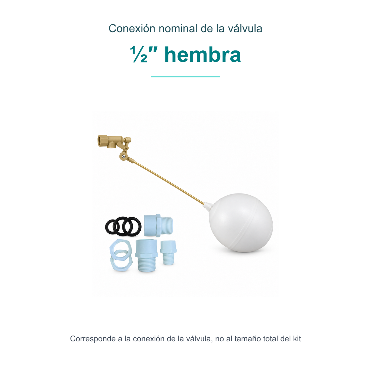 Conexión nominal de la válvula: ½″ hembra. Corresponde a la conexión de la válvula, no al tamaño total del kit.