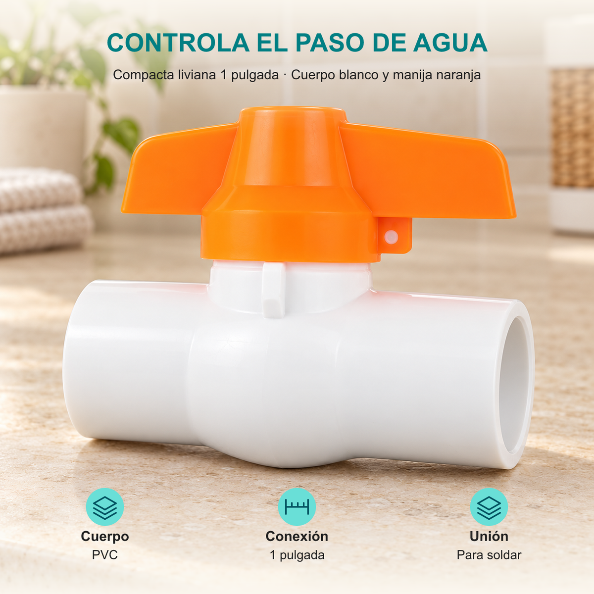 Válvula de bola en PVC para soldar de 1 pulgada: Cuerpo: PVC; Conexión: 1 pulgada; Unión: Para soldar.