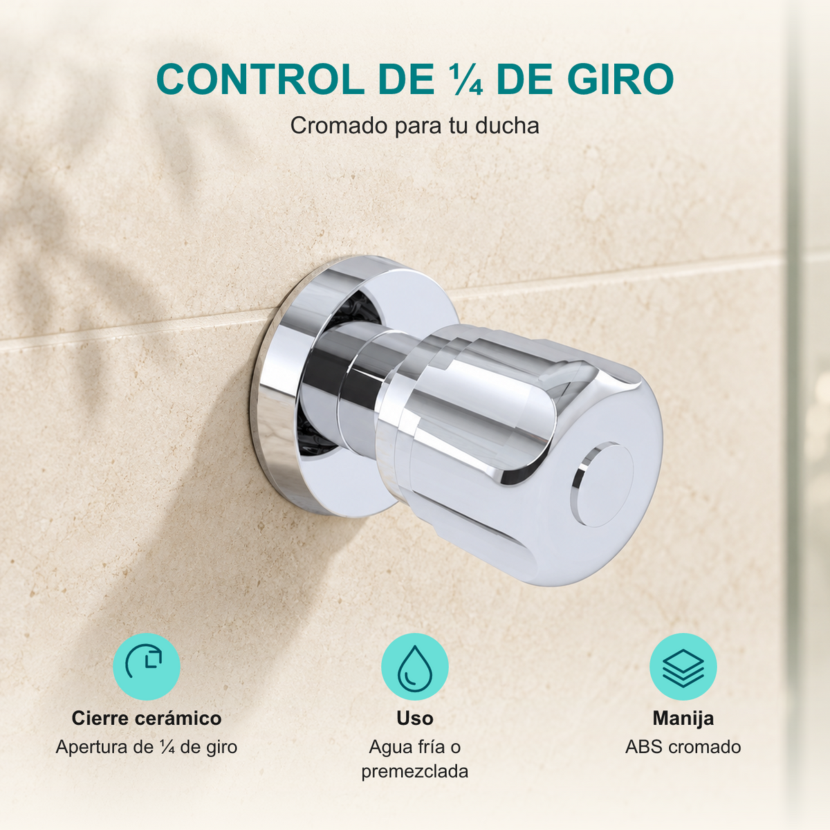 Registro Aqua cromado: cierre cerámico de un cuarto de giro, uso con agua fría o premezclada y manija de ABS cromado.