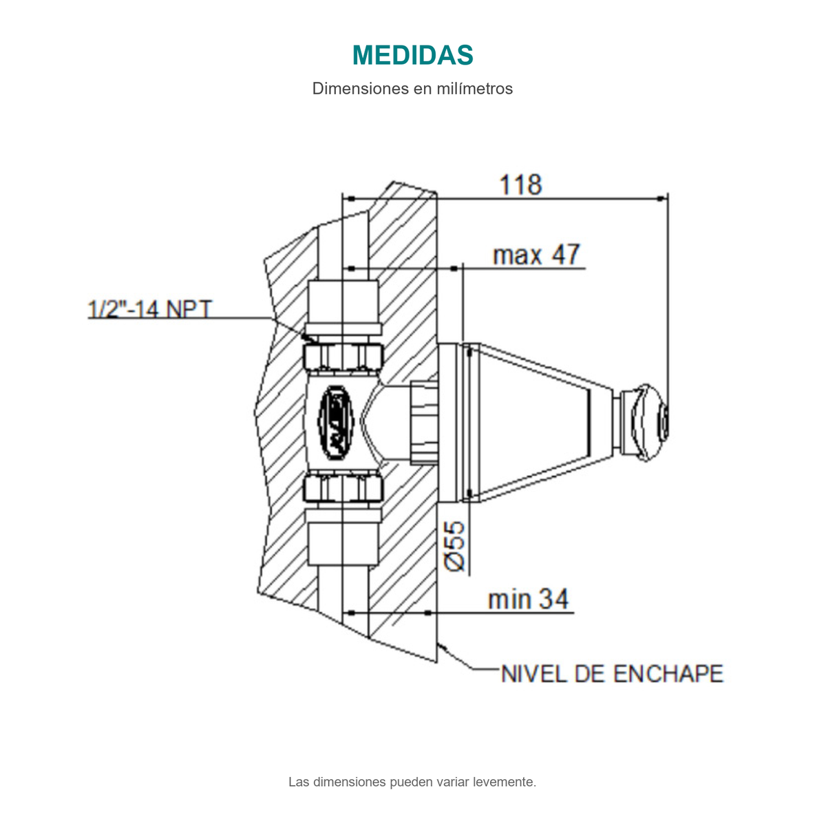 Croquis original del registro Slim Bianca: cota de 118 mm desde el eje del cuerpo, escudo de 55 mm, rango de empotramiento de 34 a 47 mm y rosca NPT de media pulgada con 14 hilos por pulgada.