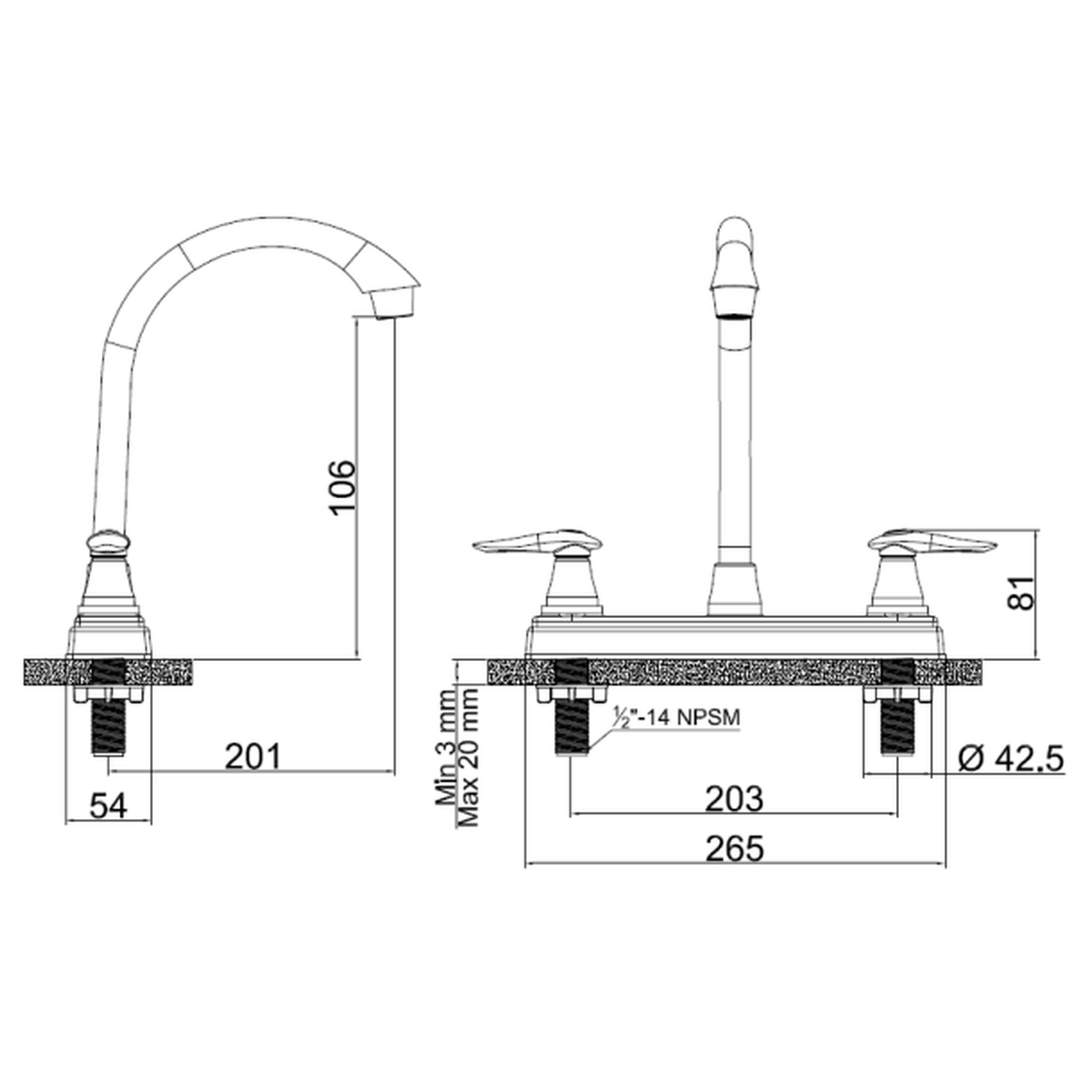Croquis técnico original con vistas lateral y frontal; cotas en milímetros del mezclador Slim Bianca