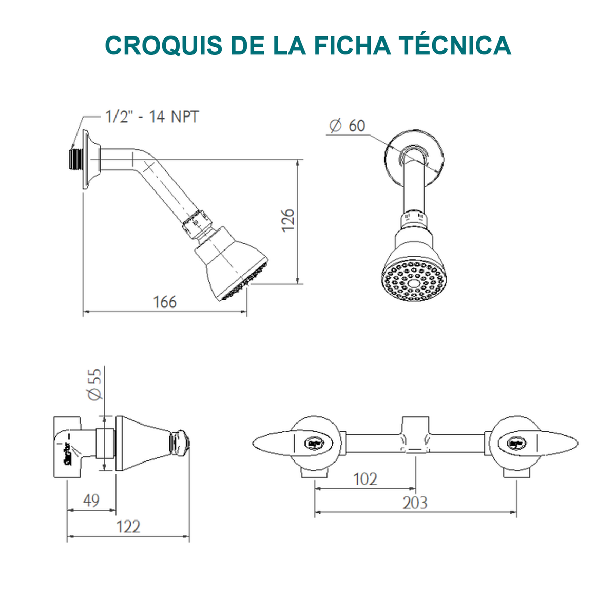 Conjunto mezclador de ducha Slim Bianca de 8 pulgadas blanco y cromado — croquis original