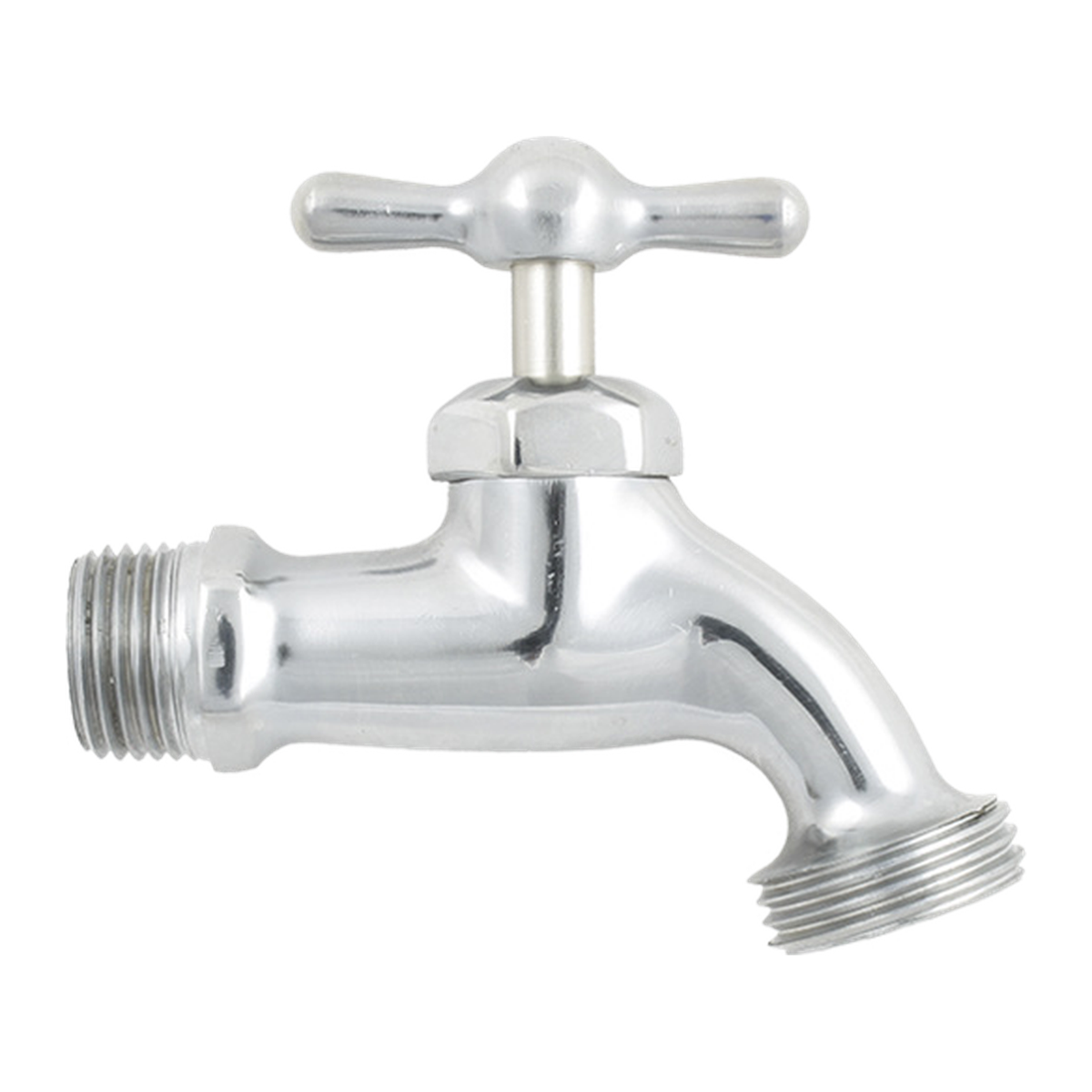 Llave para manguera superliviana cromada de media pulgada sobre fondo blanco. Cromado.