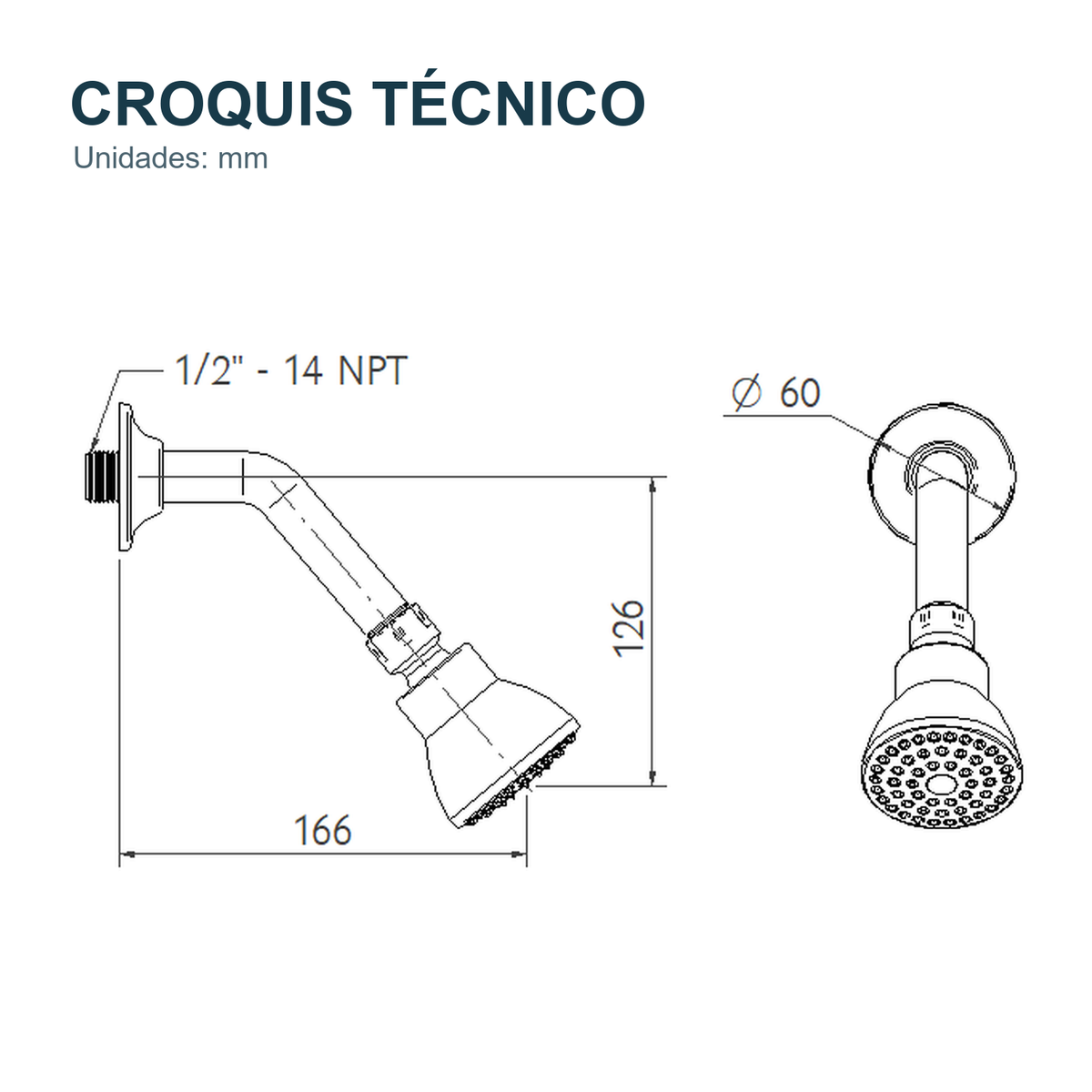 Croquis técnico de Regadera para ducha Slim Bianca blanca y cromada