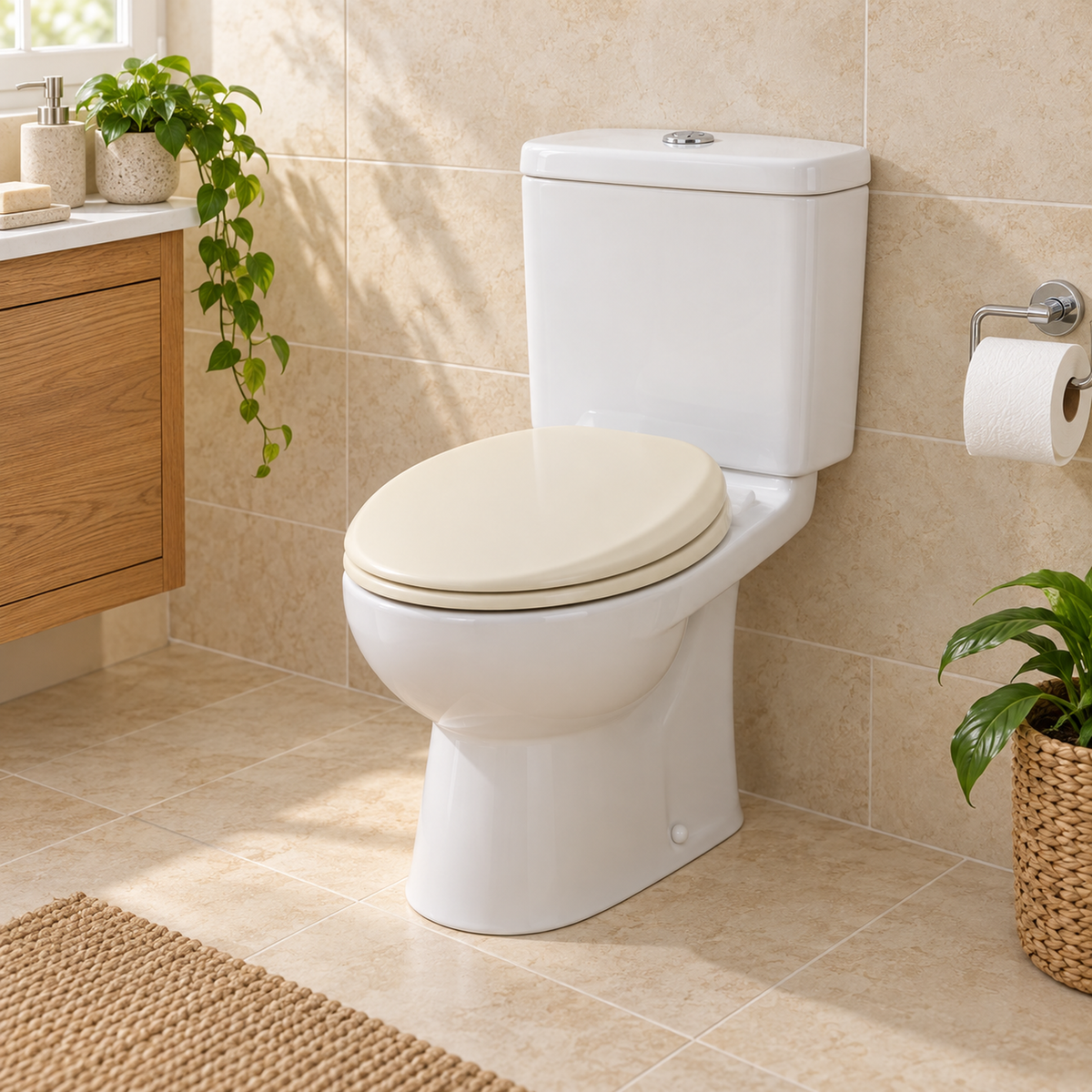 Asiento sanitario redondo Cierre lento en una escena de baño. Instalación ilustrativa; los demás elementos no están incluidos.