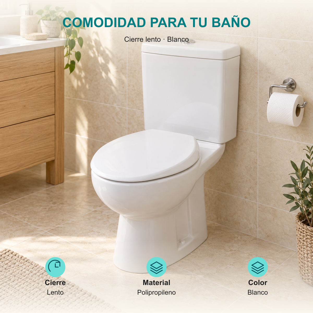Asiento sanitario redondo Cierre lento: Cierre: Lento; Material: Polipropileno; Color: Blanco.