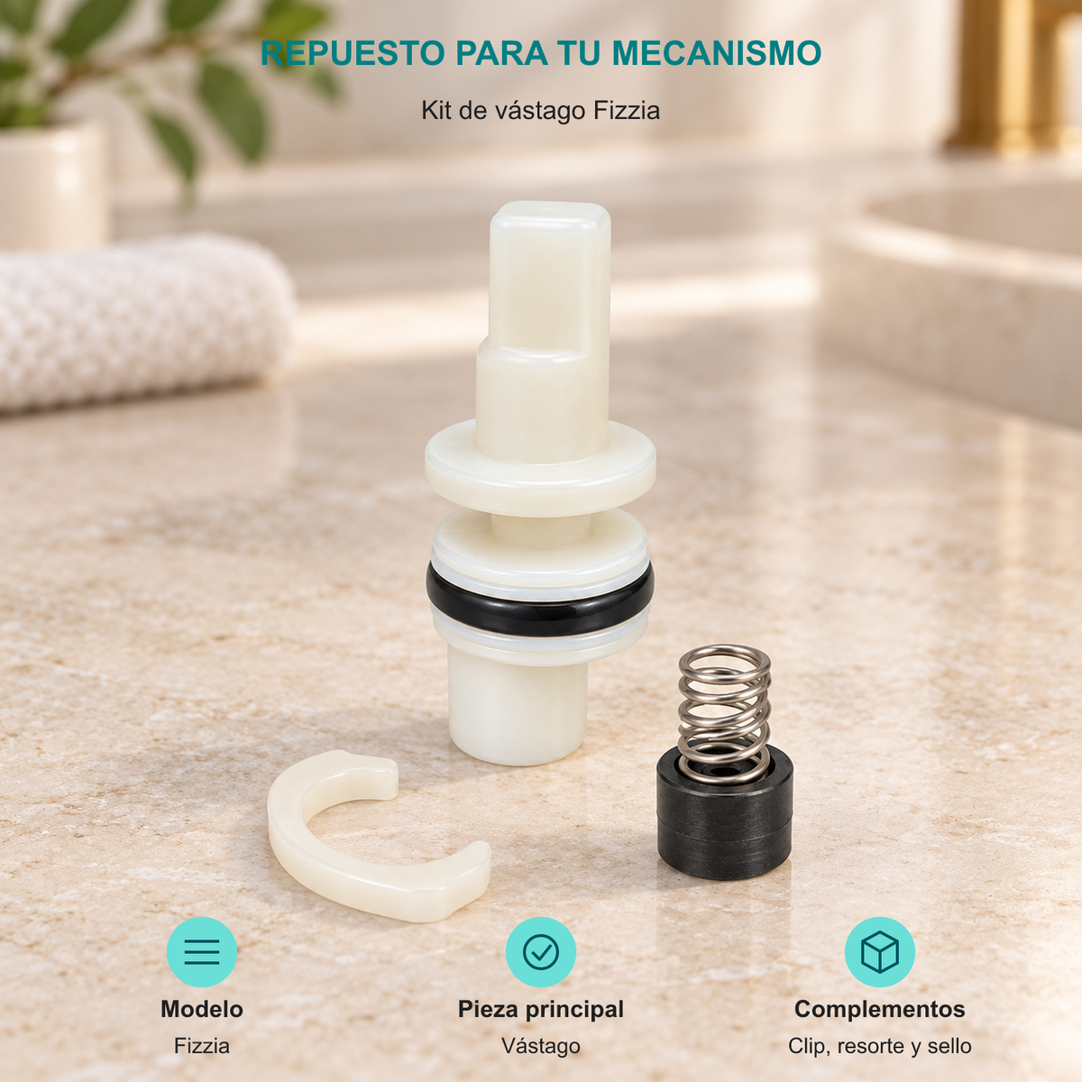 Kit de vástago Fizzia. Modelo: Fizzia. Pieza principal: Vástago. Complementos: Clip, resorte y sello.