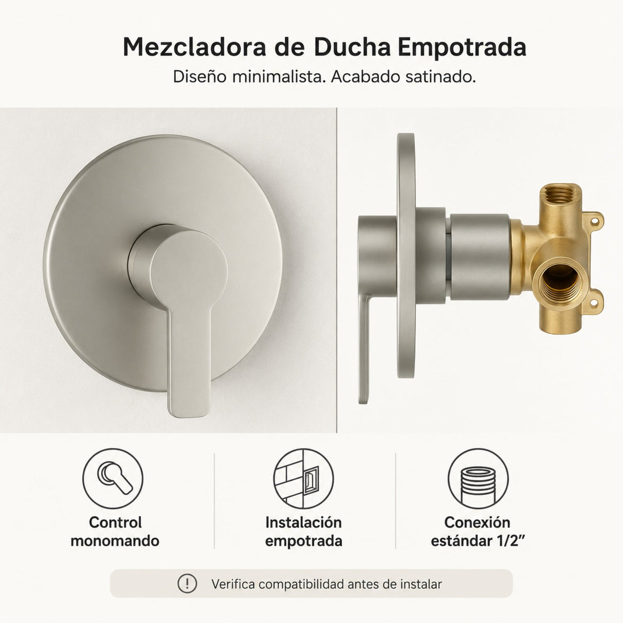 Control monomando, instalación empotrada y conexión estándar 1/2 pulgada