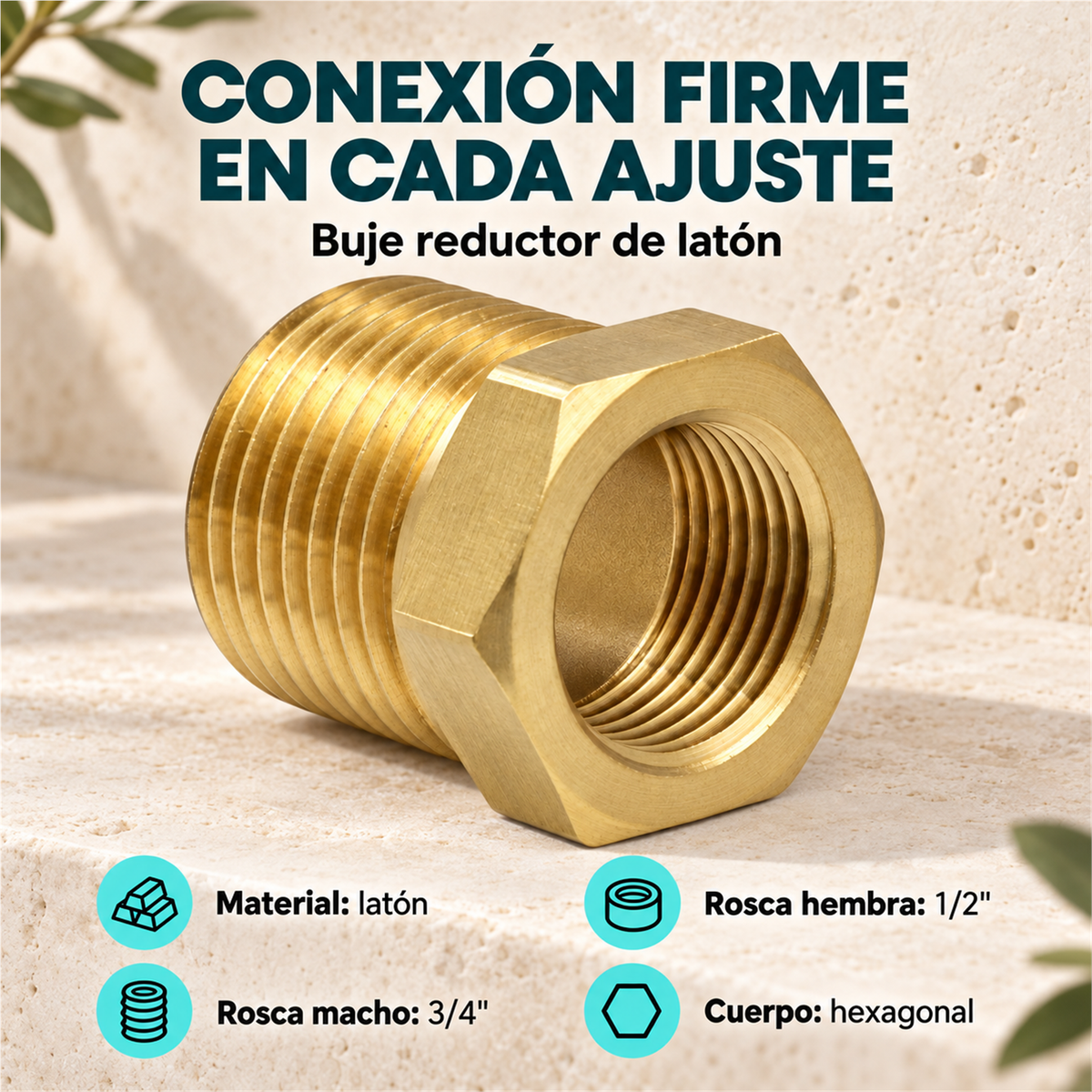Buje Reductor de Latón Macho 3/4" a Hembra 1/2" - Características principales