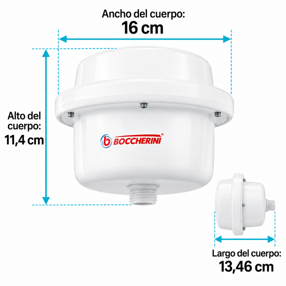 Medidas del cuerpo de ducha eléctrica dirigible blanca: alto 11,4 cm, ancho 16 cm y largo 13,46 cm.
