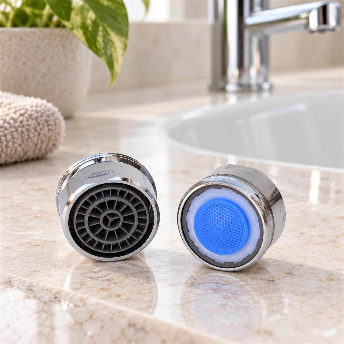 Aireador HE para lavamanos y lavaplatos sobre superficie de baño