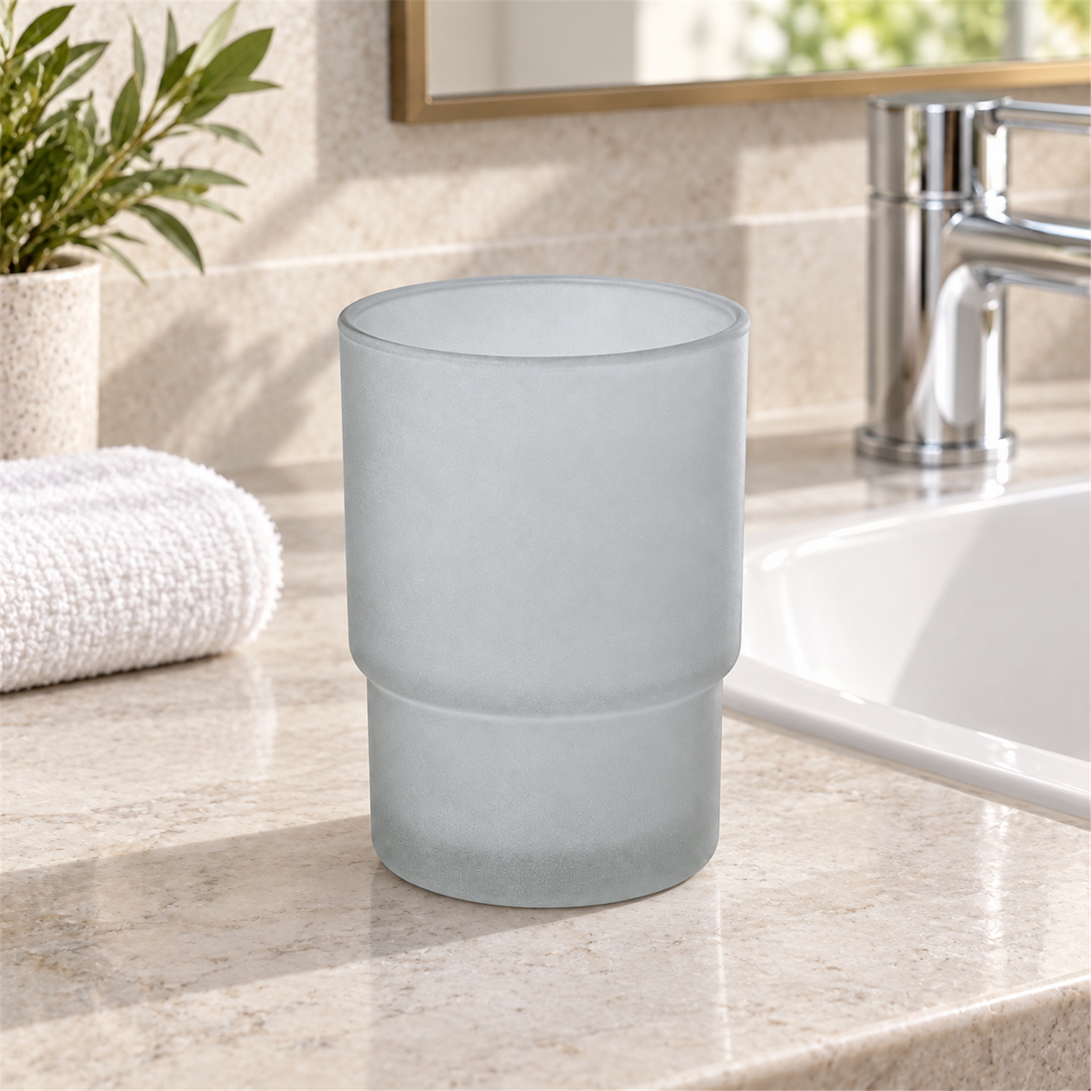 Vaso empavonado de baño sobre mesón junto al lavamanos