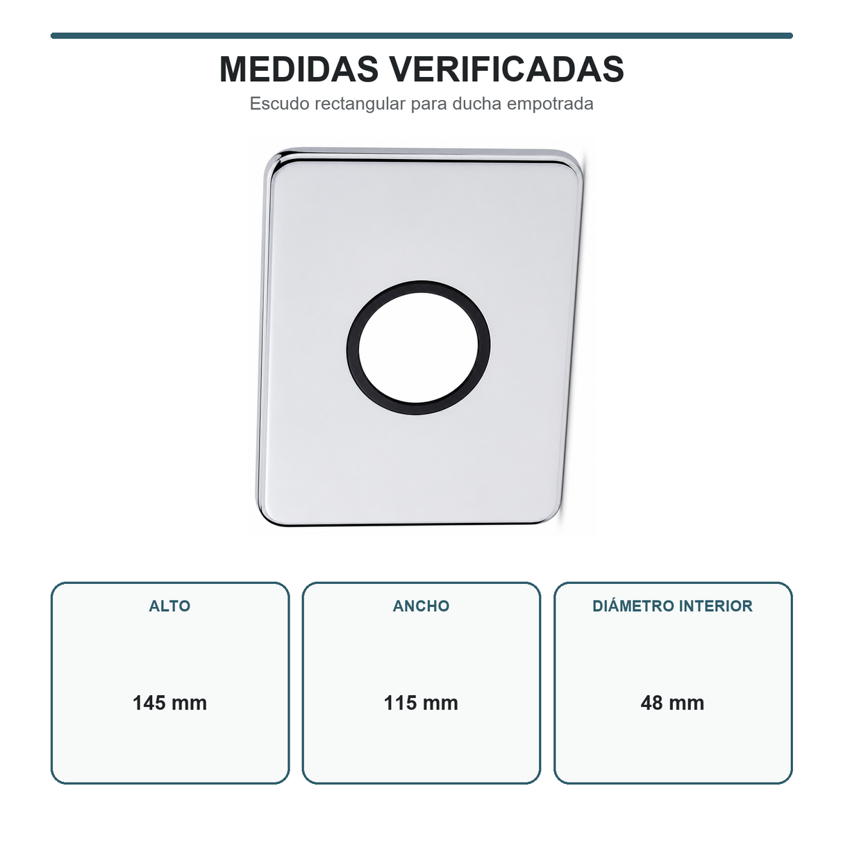 Medidas del escudo rectangular con alto 145 mm, ancho 115 mm y abertura de 48 mm