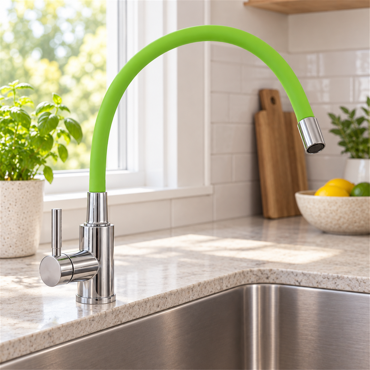 Cuello flexible verde instalado en lavaplatos de cocina