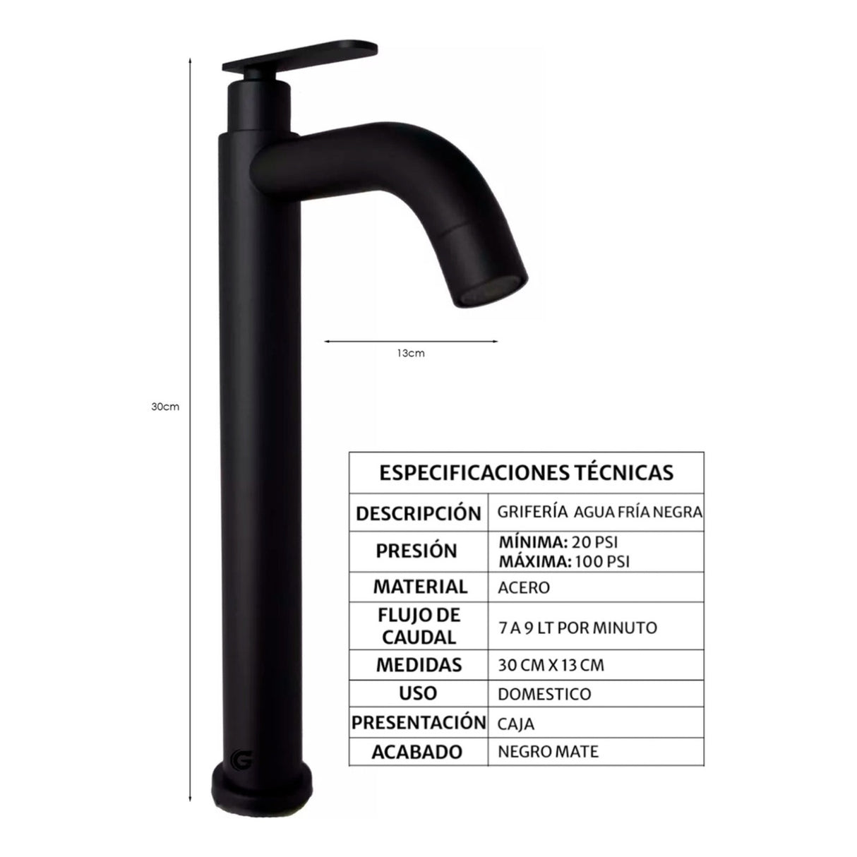 Grifería Lavamanos Agua Fría Negro Mate