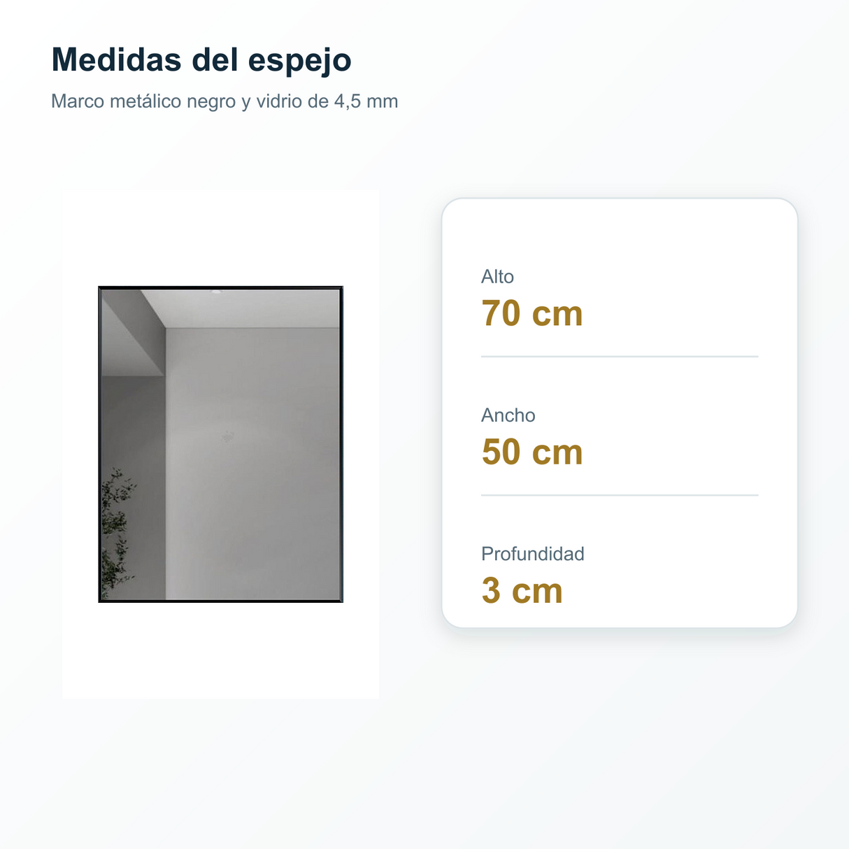 Medidas del espejo rectangular de 70 por 50 centímetros