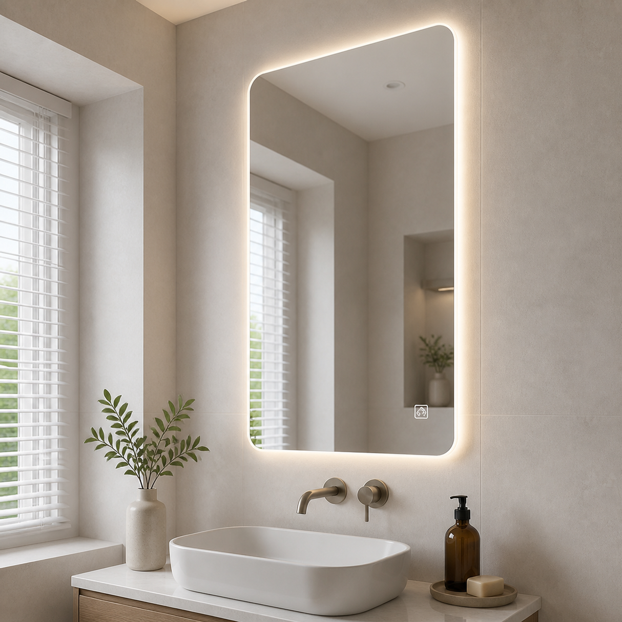 Segunda perspectiva del espejo LED de 70 x 100 cm en el baño
