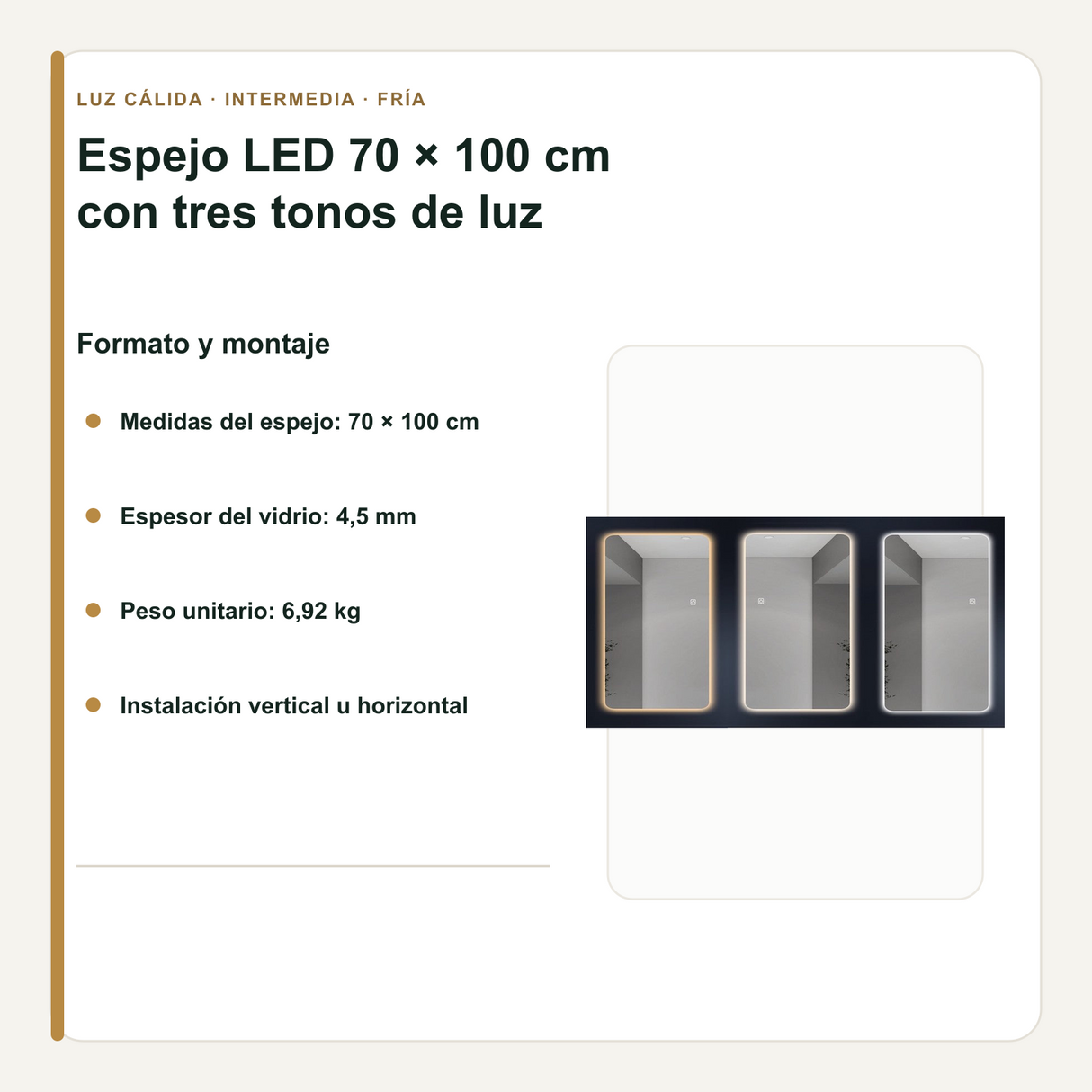Medidas, espesor y orientación del espejo LED de 70 x 100 cm