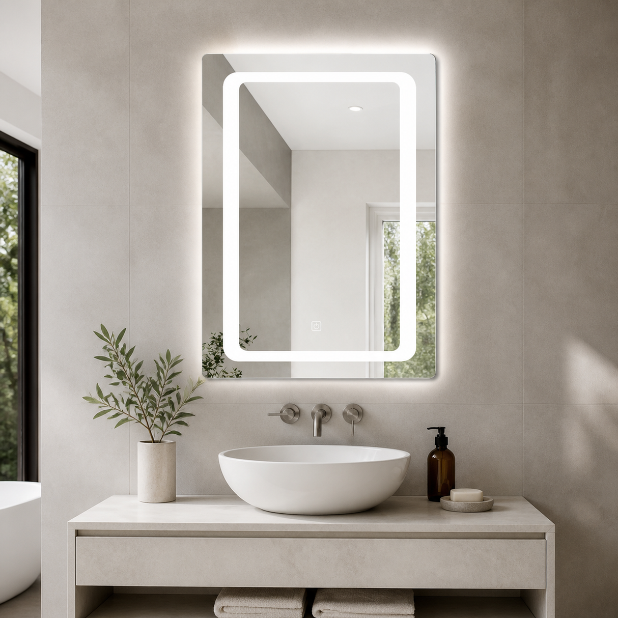 Espejo LED de 70 x 50 cm instalado verticalmente en un baño