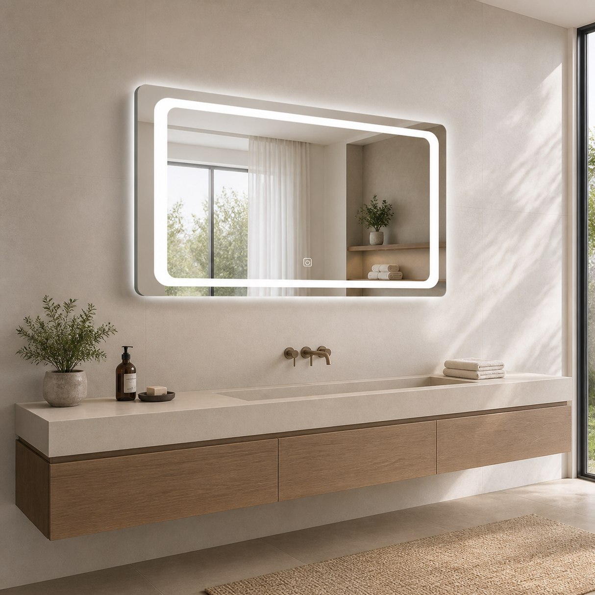 Espejo LED de 70 x 50 cm instalado horizontalmente
