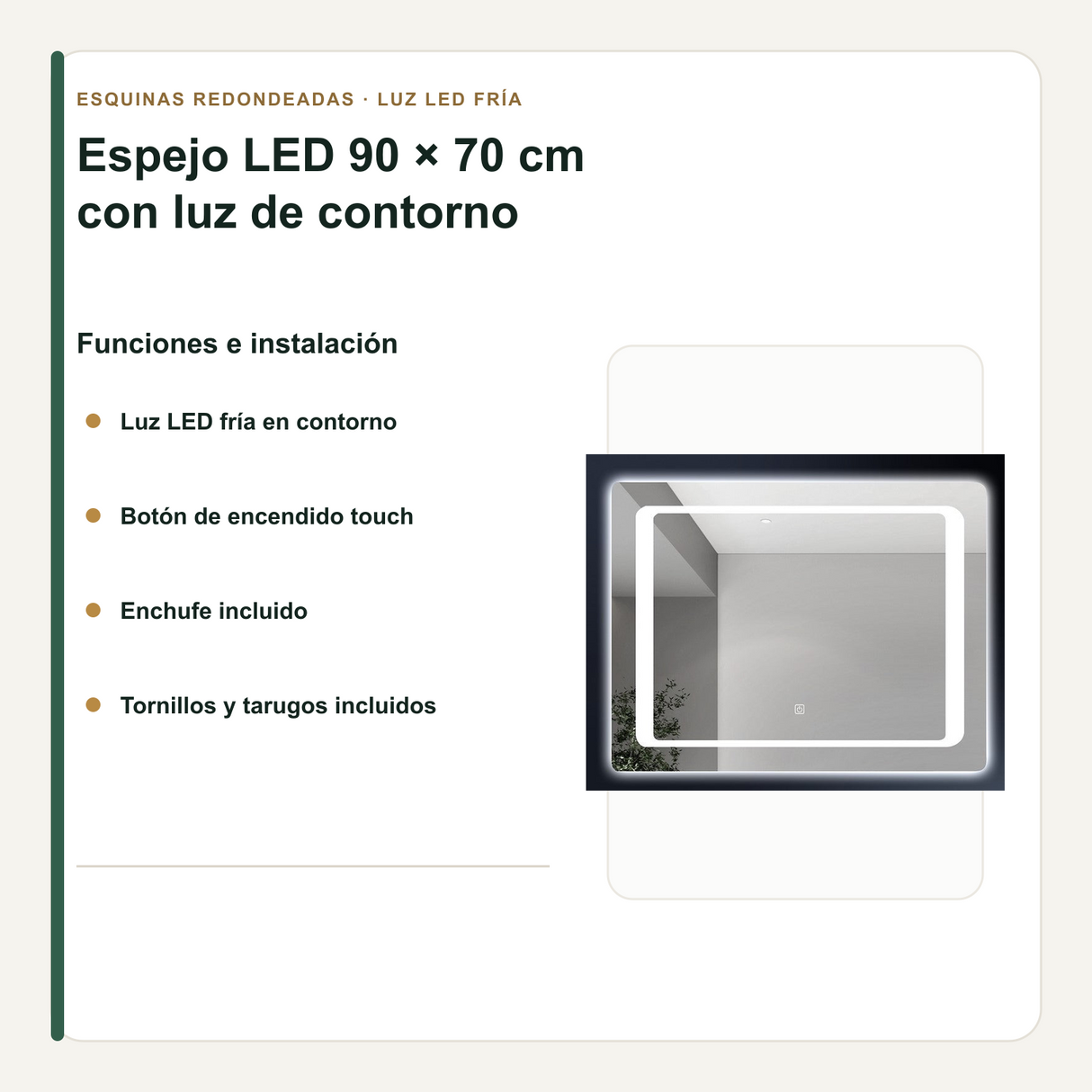 Funciones e instalación incluidas con el espejo LED de 90 x 70 cm