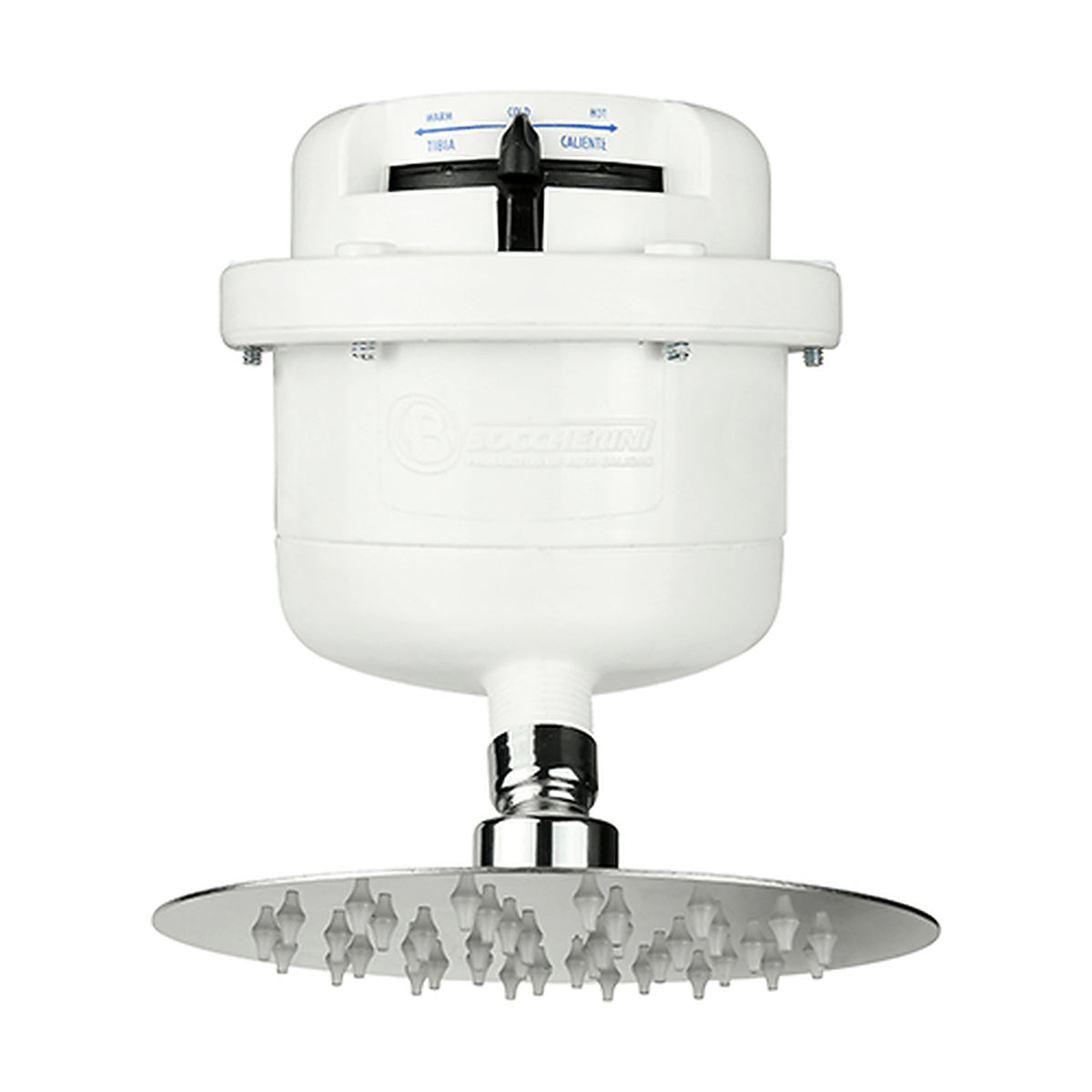 Vista frontal ampliada de ducha Fusión Slim con regadera cromada