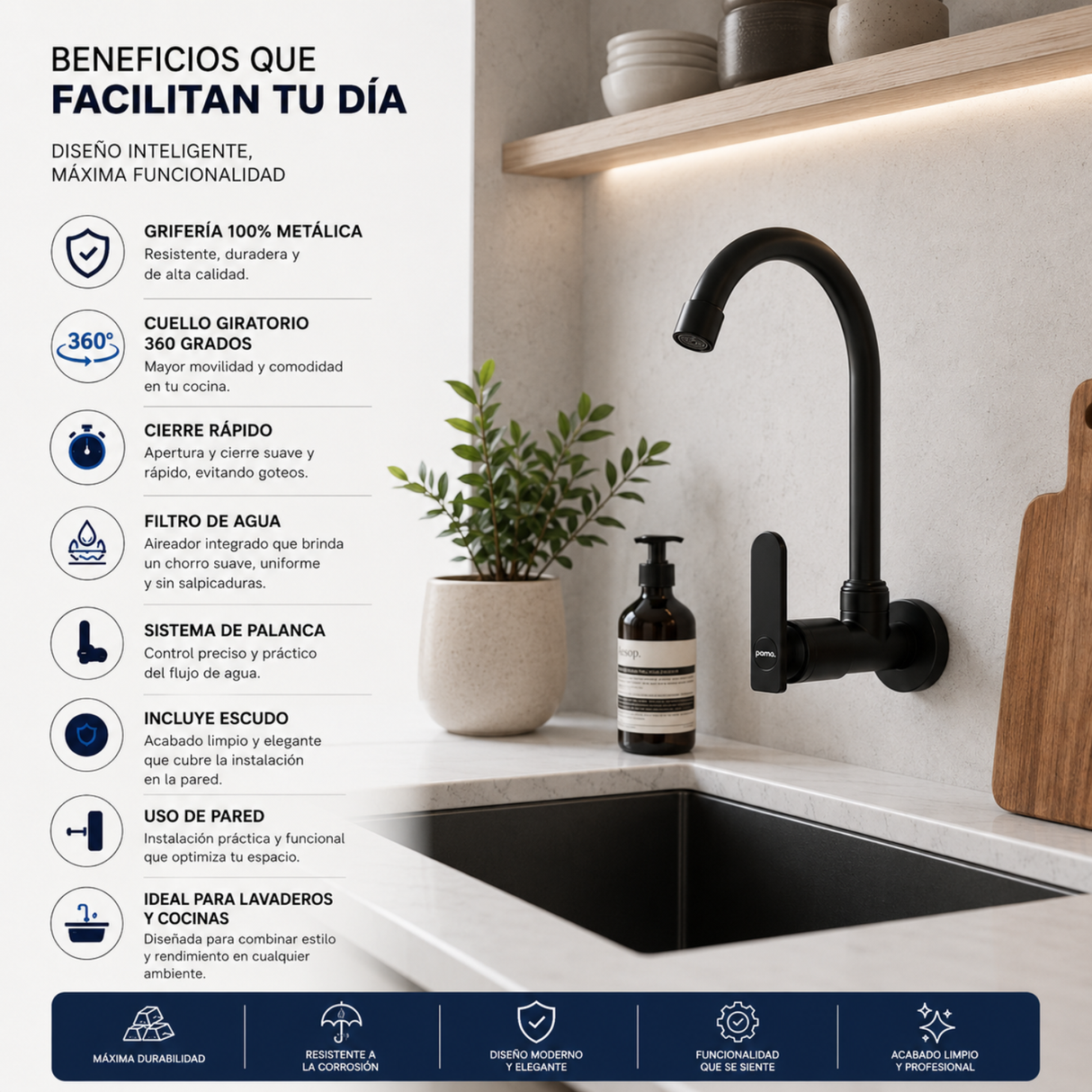 Grifería De Pared Para Lavaplatos Negra Mate 360° | Llave Agua Fría Metálica Para Cocina y Lavadero
