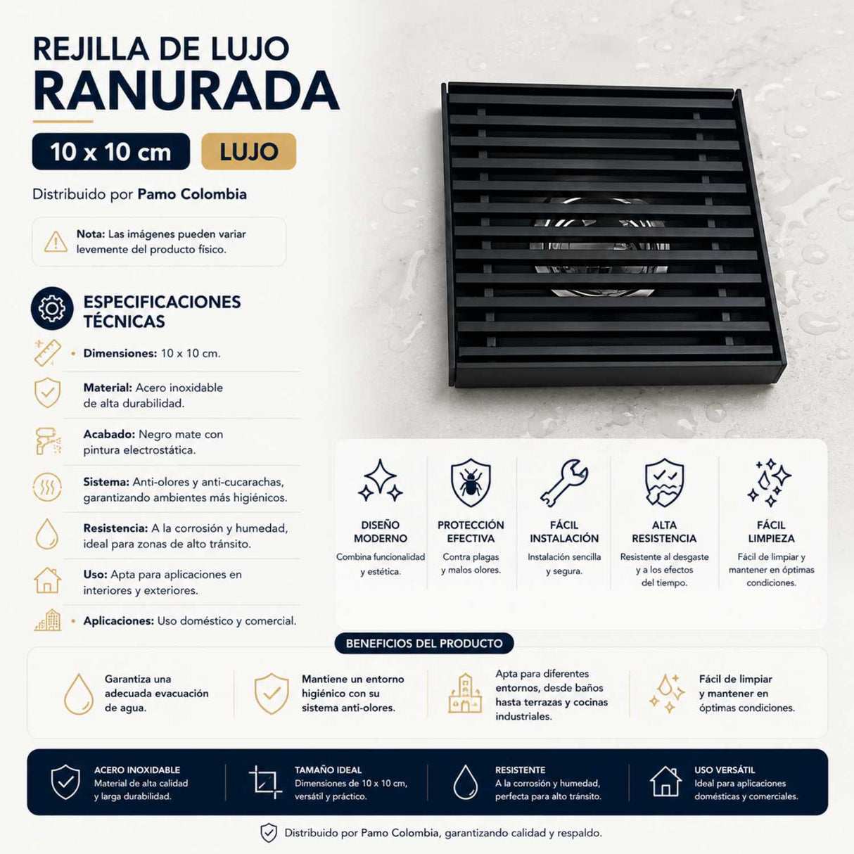 Rejilla de Piso Ranurada de Lujo 10x10 cm Negra Mate en Acero Inoxidable con Sistema Antiolores