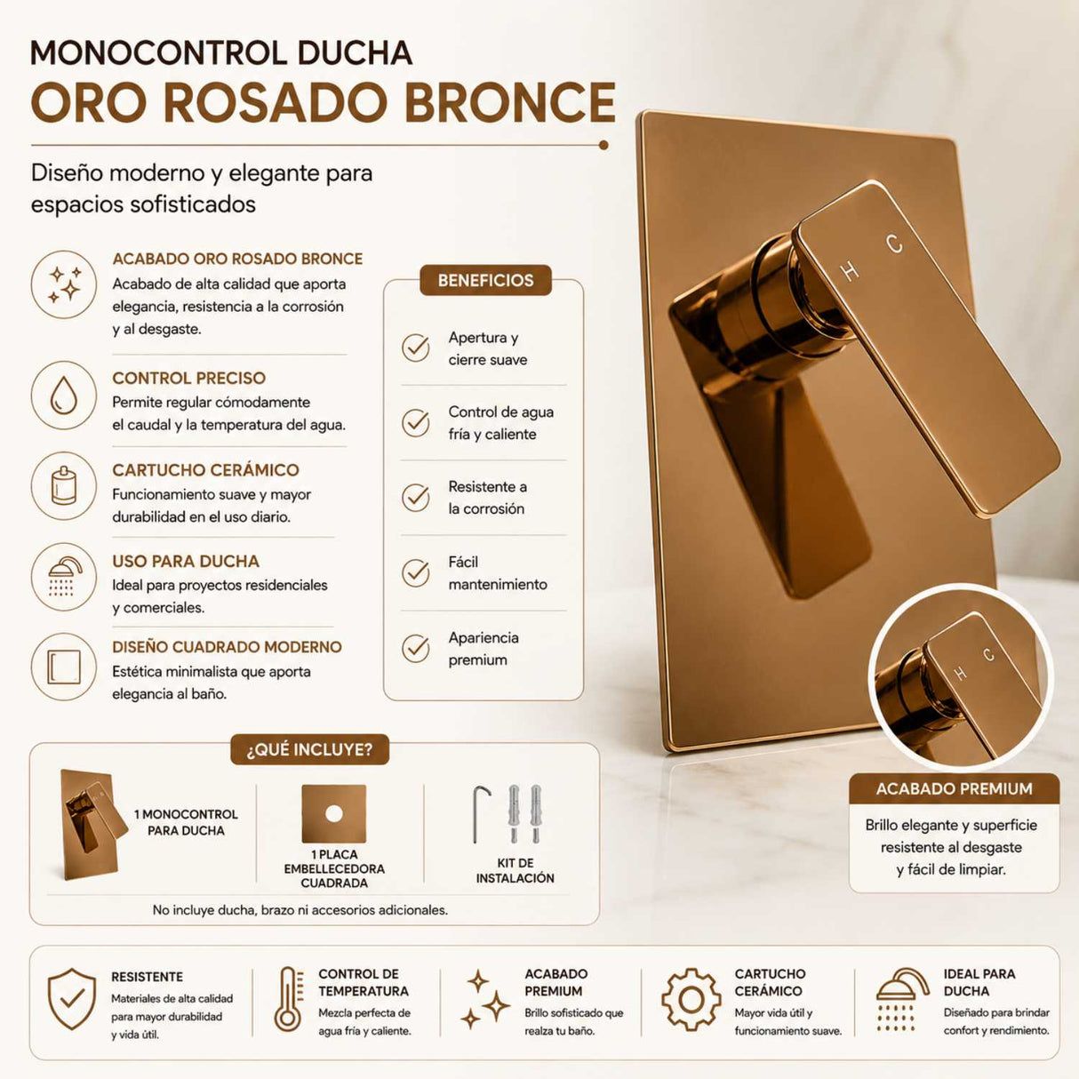 Mezclador Monocontrol Ducha Plano Oro Rosa 18 x 12 cm Empotrado con Manija 11 cm