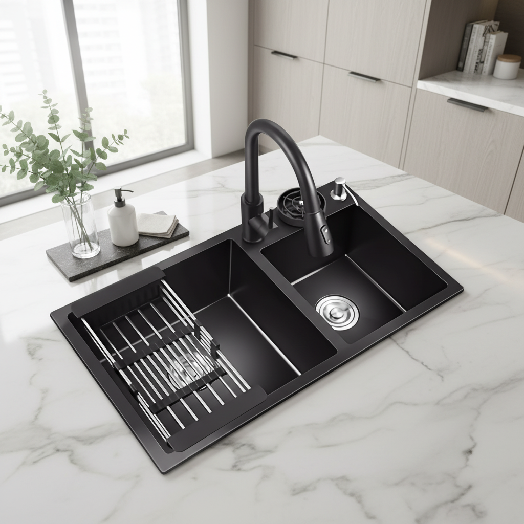 Lavaplatos Doble Acero Inoxidable Negro 81 x 43 cm