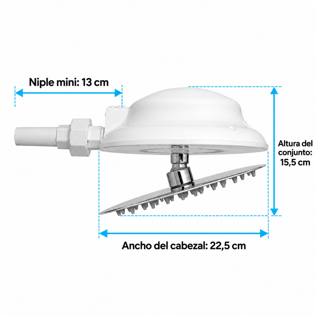 Medidas: cabezal de 22,5 cm de ancho y 15,5 cm de alto, niple de 13 cm