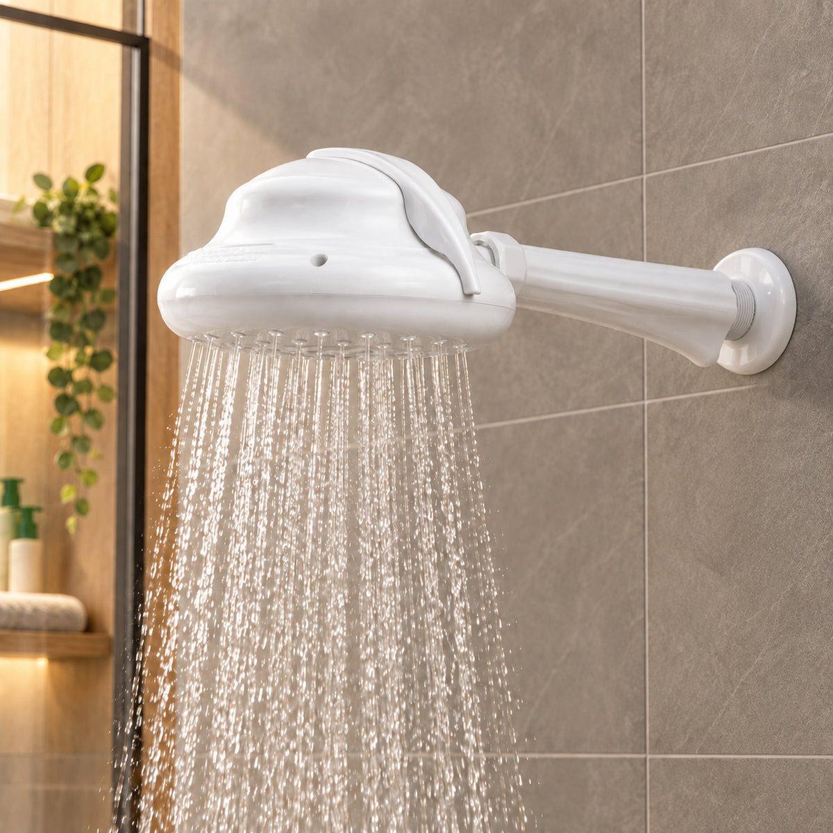Ducha eléctrica blanca con selector y niple en baño contemporáneo