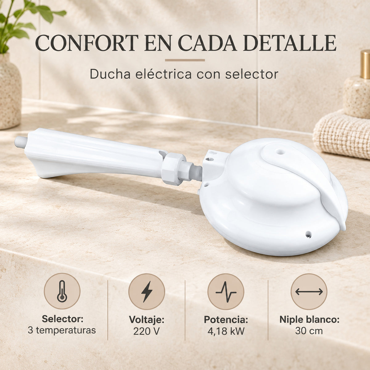 Selector de tres temperaturas, 220 V, 4,18 kW y niple de 30 cm