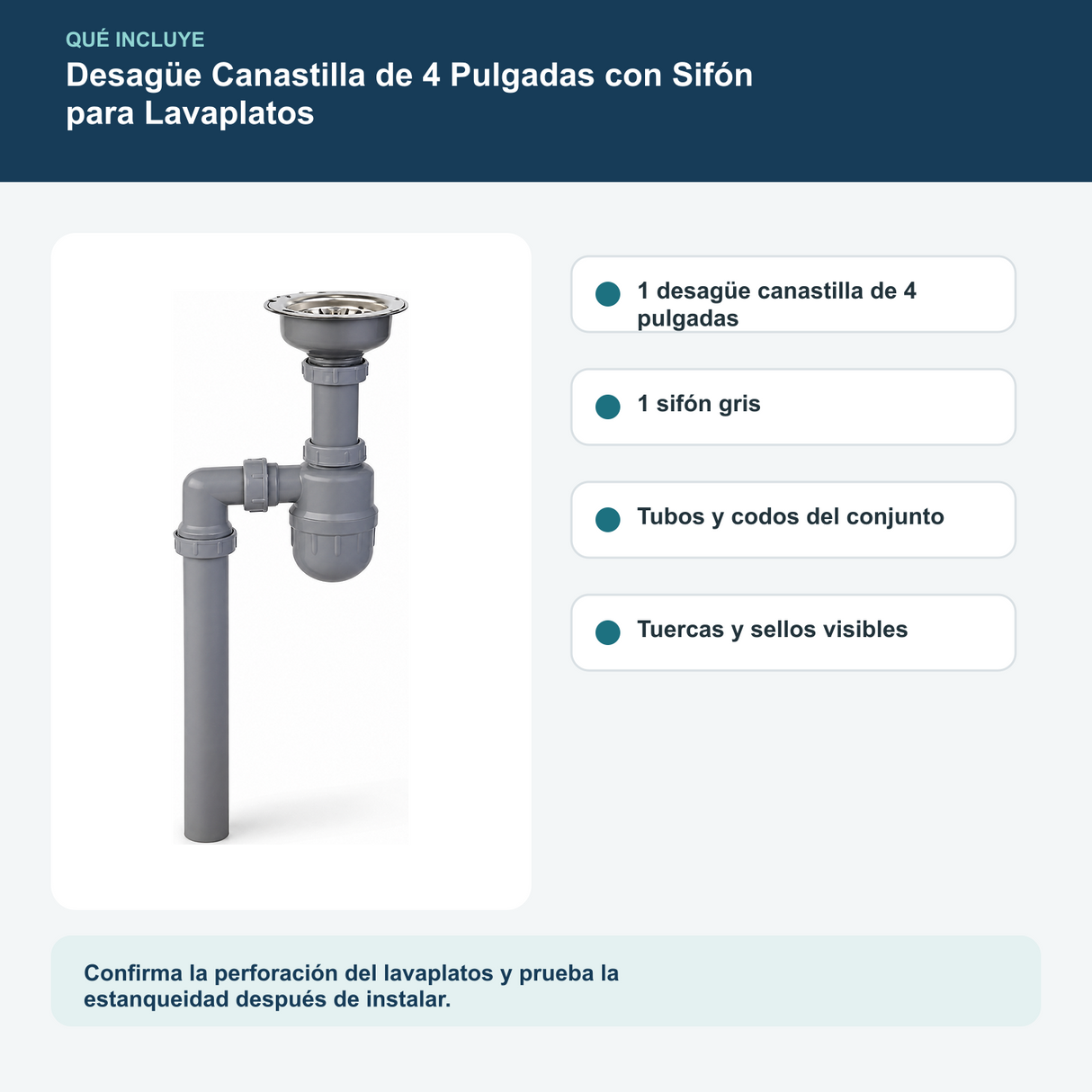 Contenido y características del desagüe canastilla de 4 pulgadas con sifón para lavaplatos