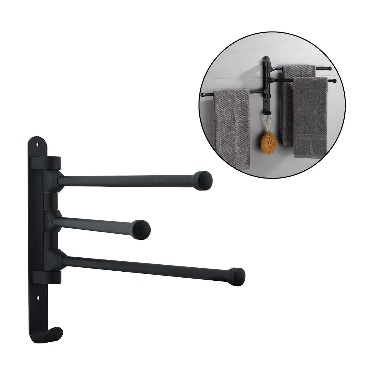 Toallero Giratorio 3 Barras Plegable 180° Negro, Aluminio Mate