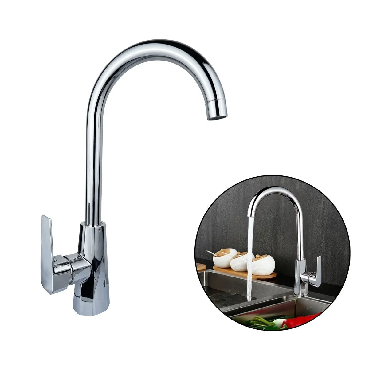 Grifería Monocontrol para Lavaplatos Cromada Metálica, Cuello Cisne - Cocina