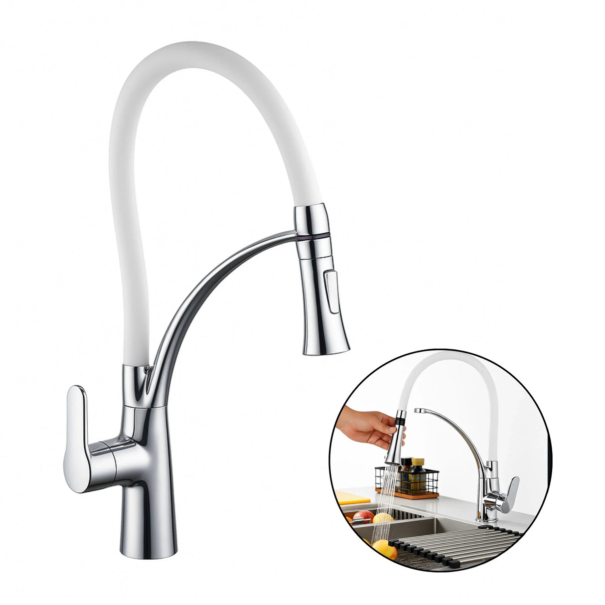 Griferia Monocontrol para Lavaplatos - Cuello Ajustable en Bronce Cromado - Blanco