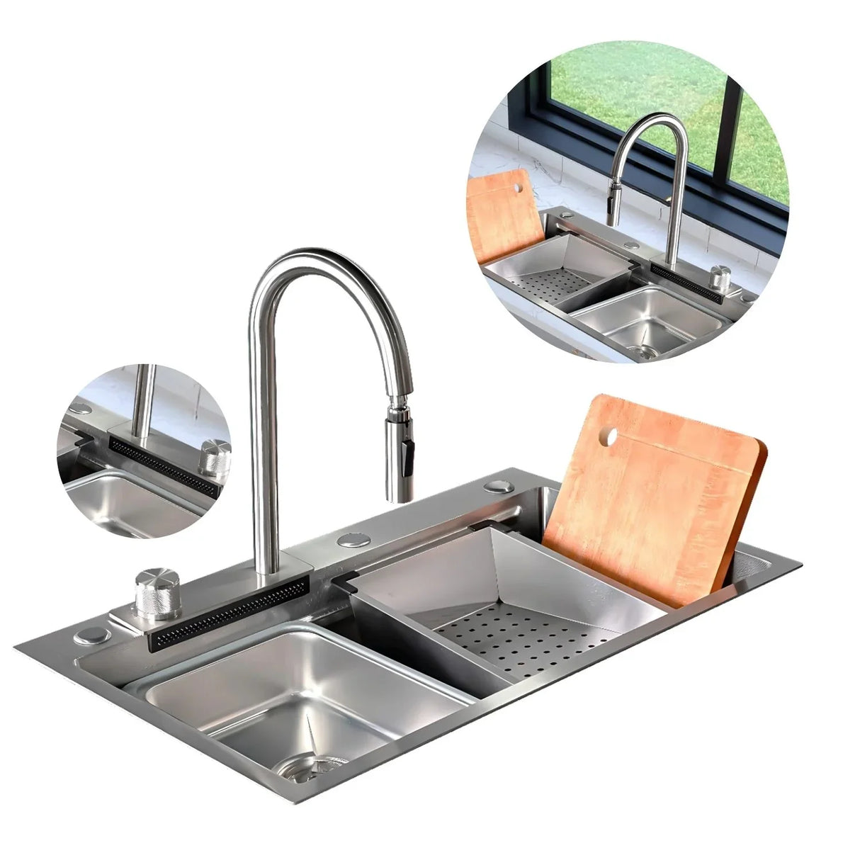 Lavaplatos Inteligente Acero Natural con Grifería y Accesorios - Acero SUS304 - 75x46 cm