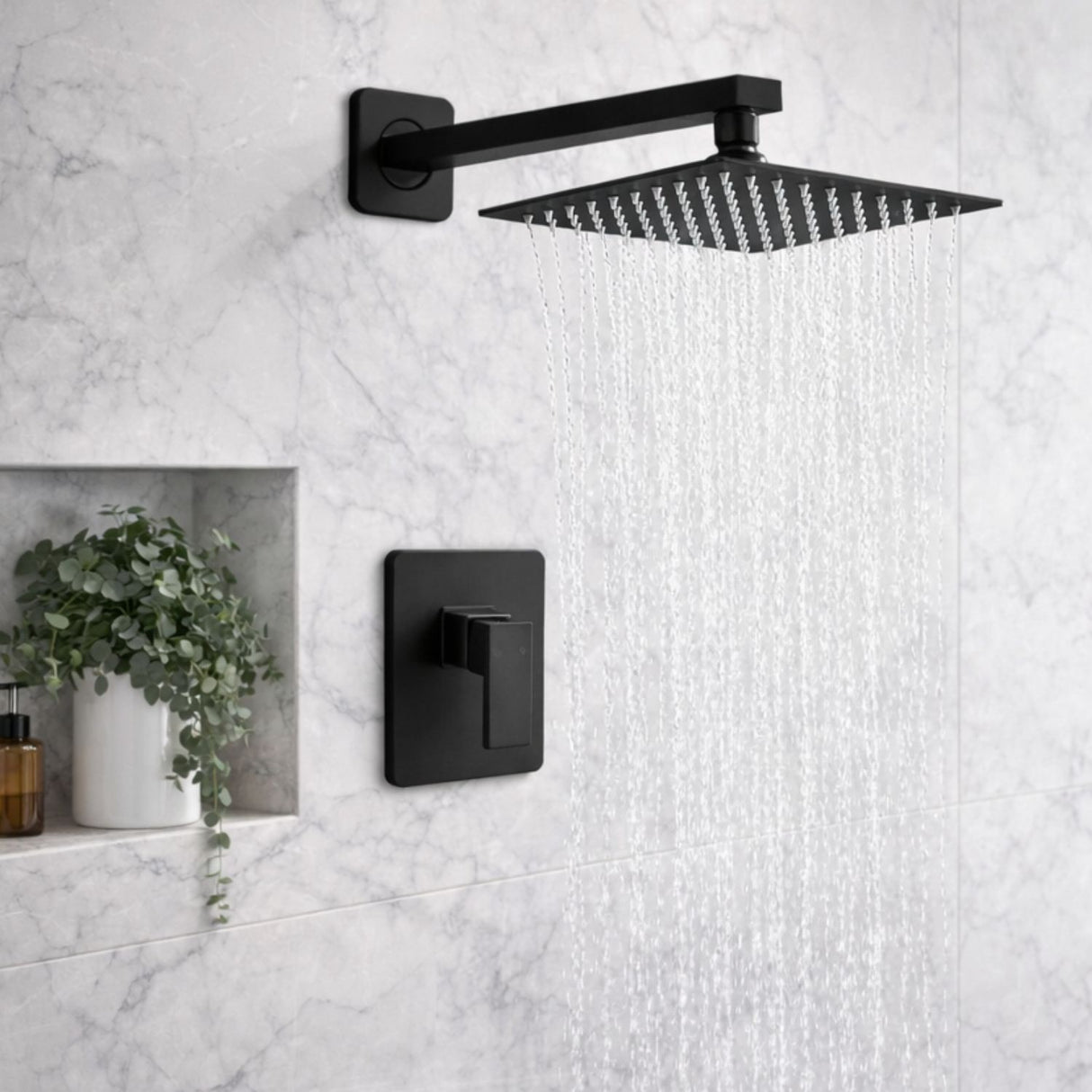 Conjunto Ducha Orca Negro Mate Cuadrada 25 cm - Tipo Lluvia con Brazo para Baño
