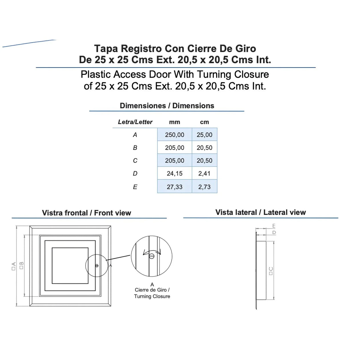 Tapa Registro Plástico 25X25 Externo 20X20 Interno