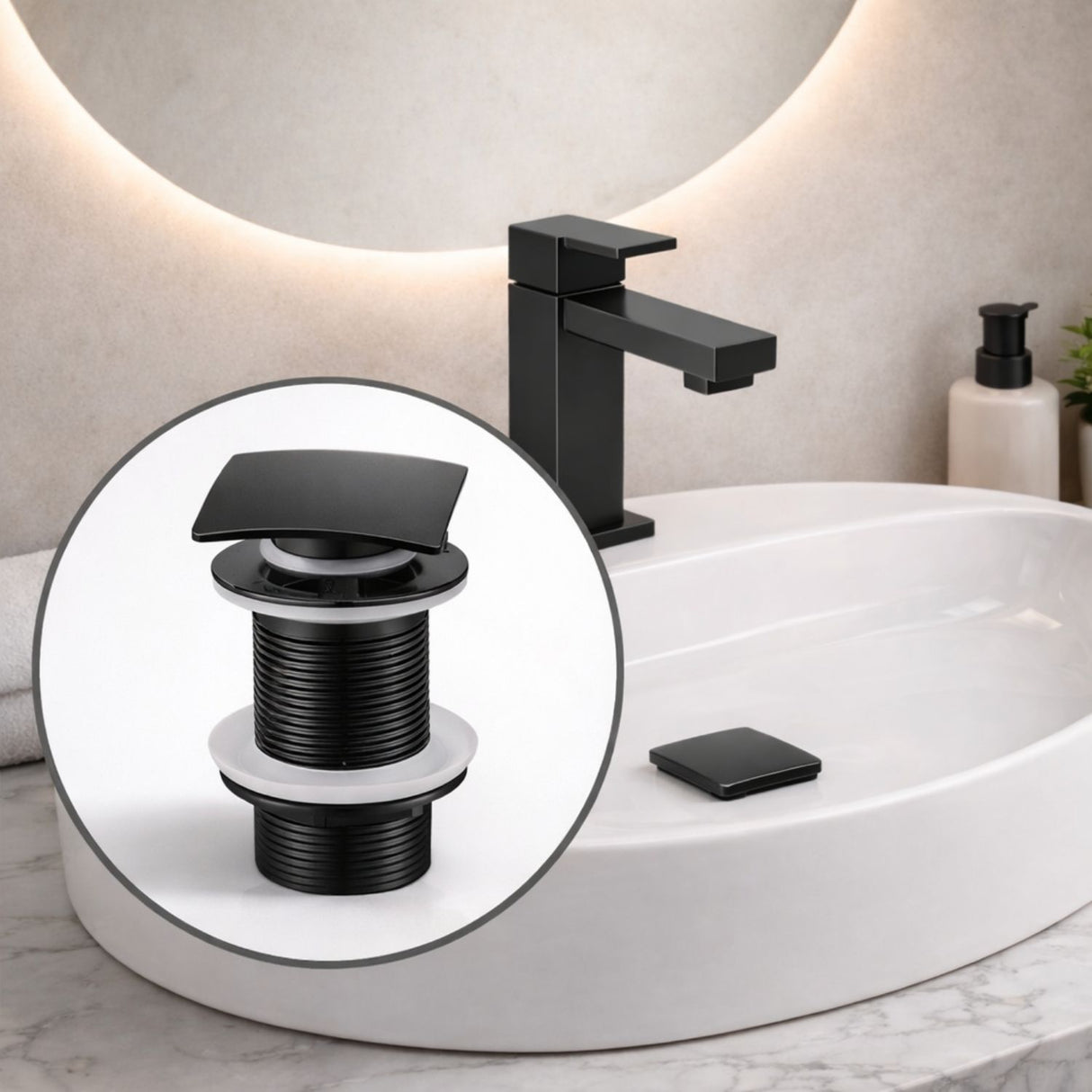 Desagüe Push para Lavamanos Negro Mate Cuadrado 7,8 cm de alto y 6,6 cm de ancho