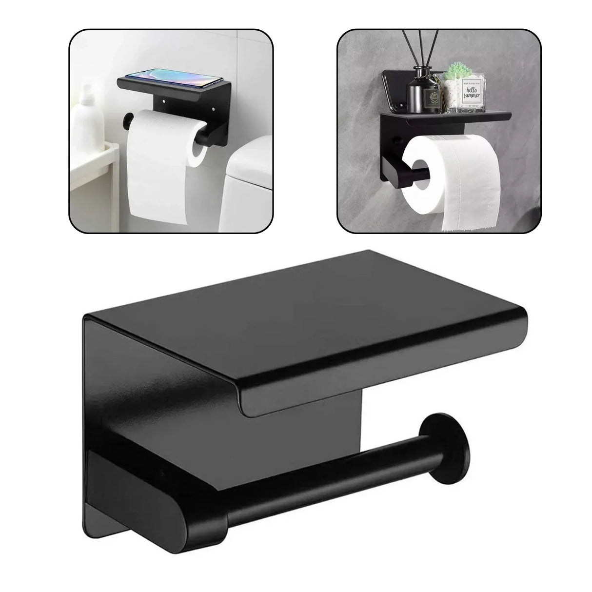 Porta Rollo con Soporte para Celular - Negro Mate en Acero Inoxidable SUS 304