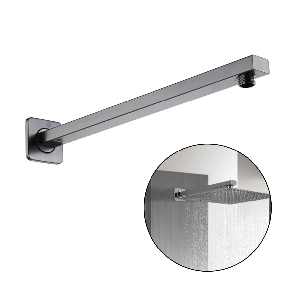 Brazo cuadrado para ducha Kassel gunmetal sobre fondo blanco