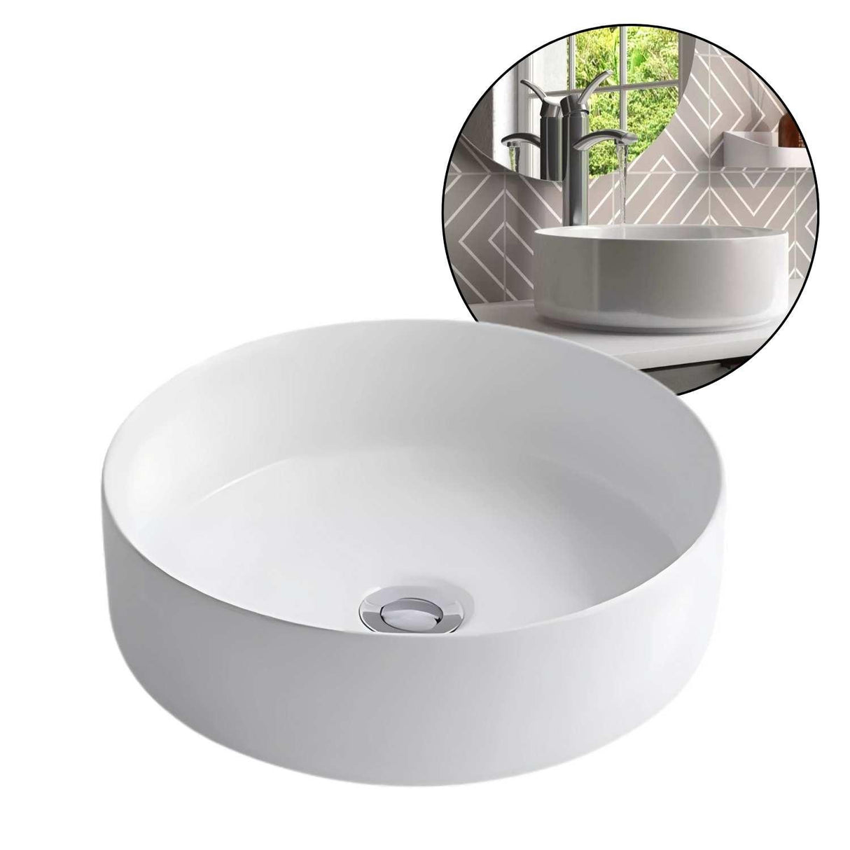 Lavamanos Circular Sobreponer Cerámica Blanca 36X12 Cm