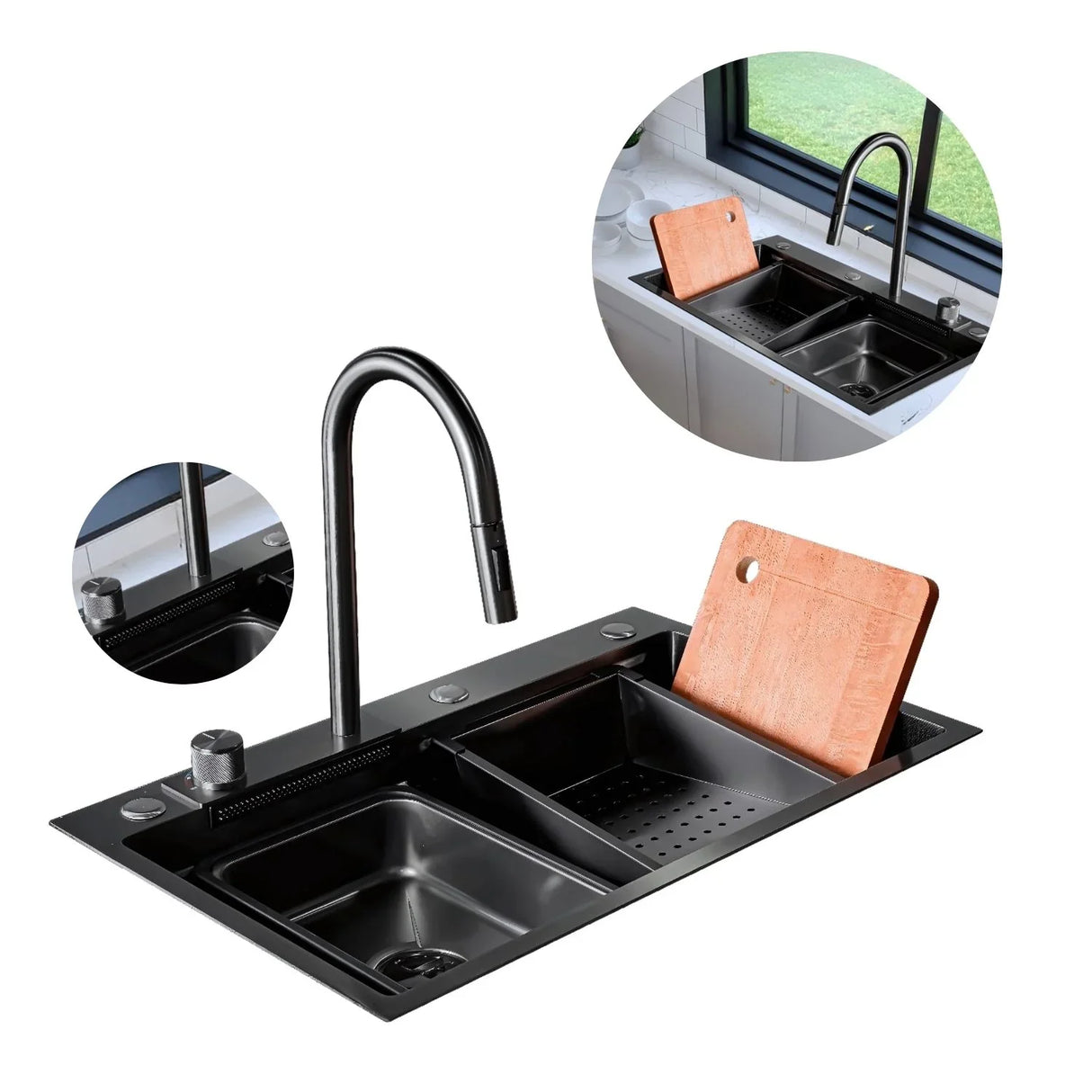 Lavaplatos Inteligente Negro con Grifería y Accesorios - Acero SUS304 - 75x46 cm