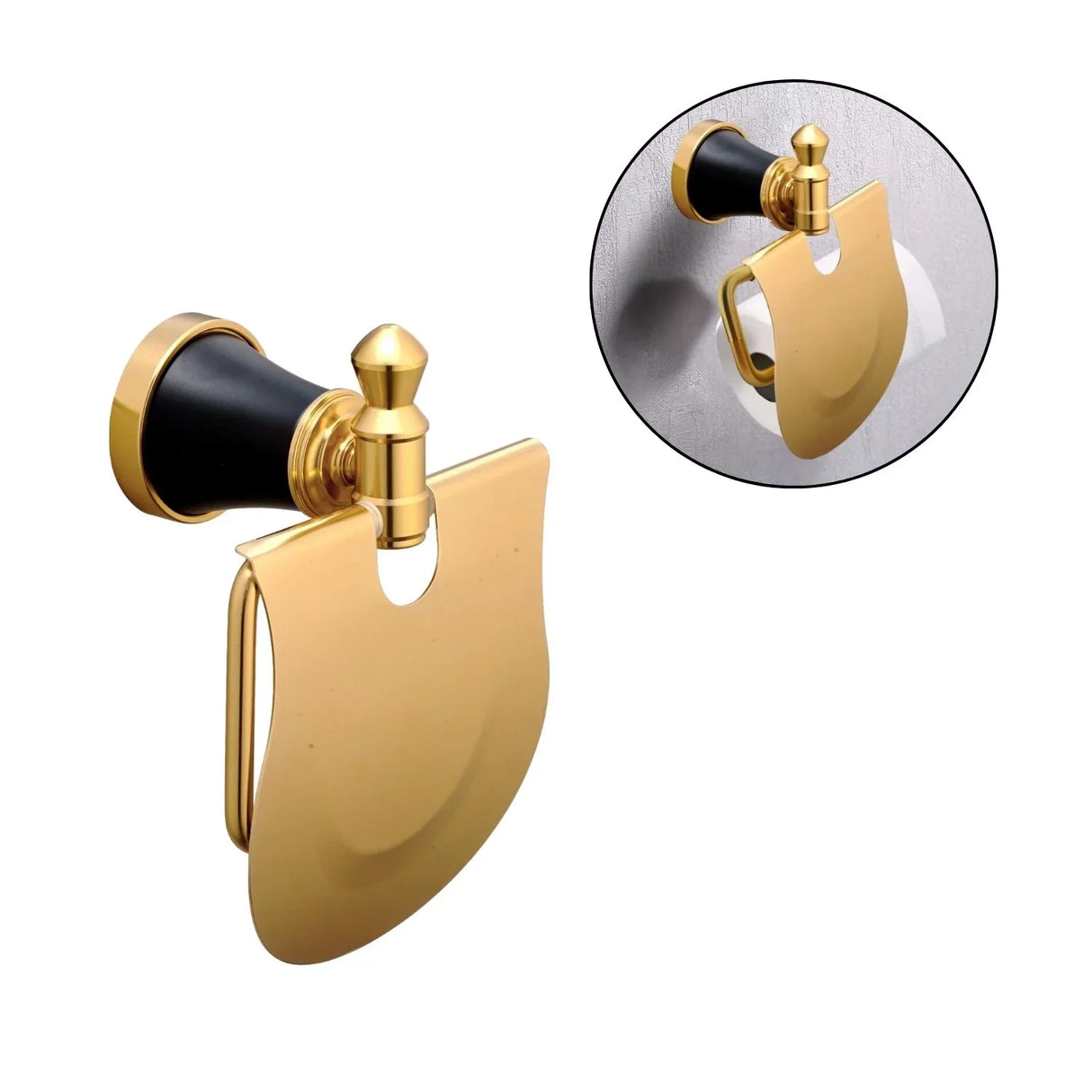 Portarrollos Línea Diamante Negro/Dorado Aluminio con Tapa Rollo - Alta Calidad