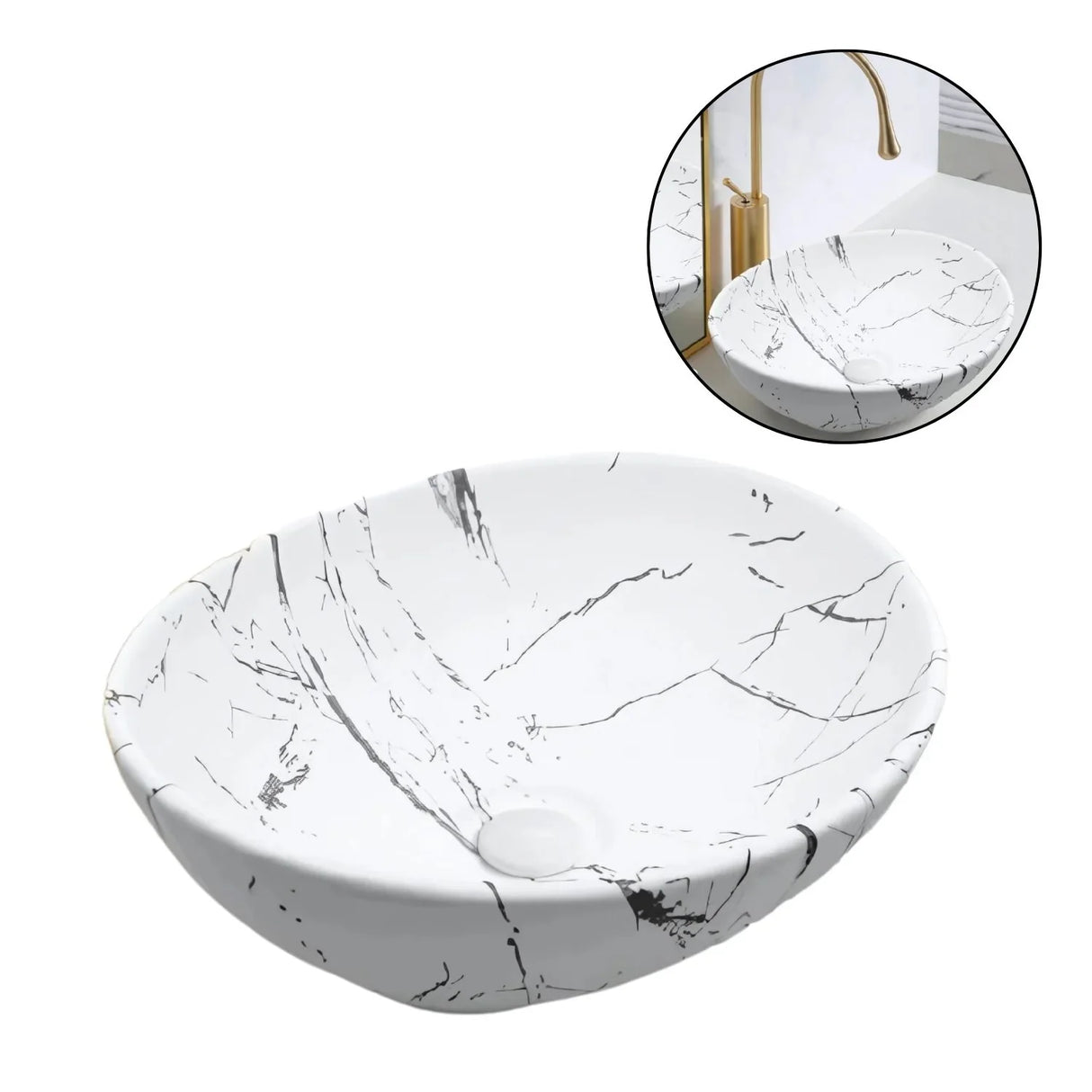 Lavamanos Sobreponer Calacata Blanco Mate Cerámica Ovalado 40 x 33