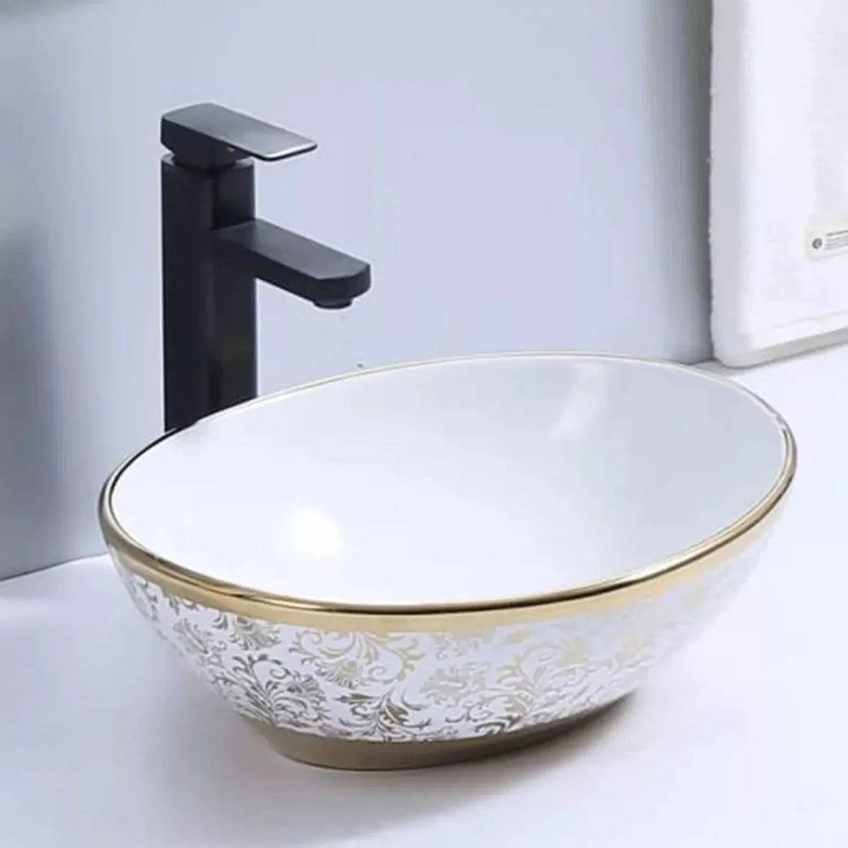 Lavamanos Tipo Canoa Blanco/Dorado Egipcio Sobre Poner Vessel Ovalado