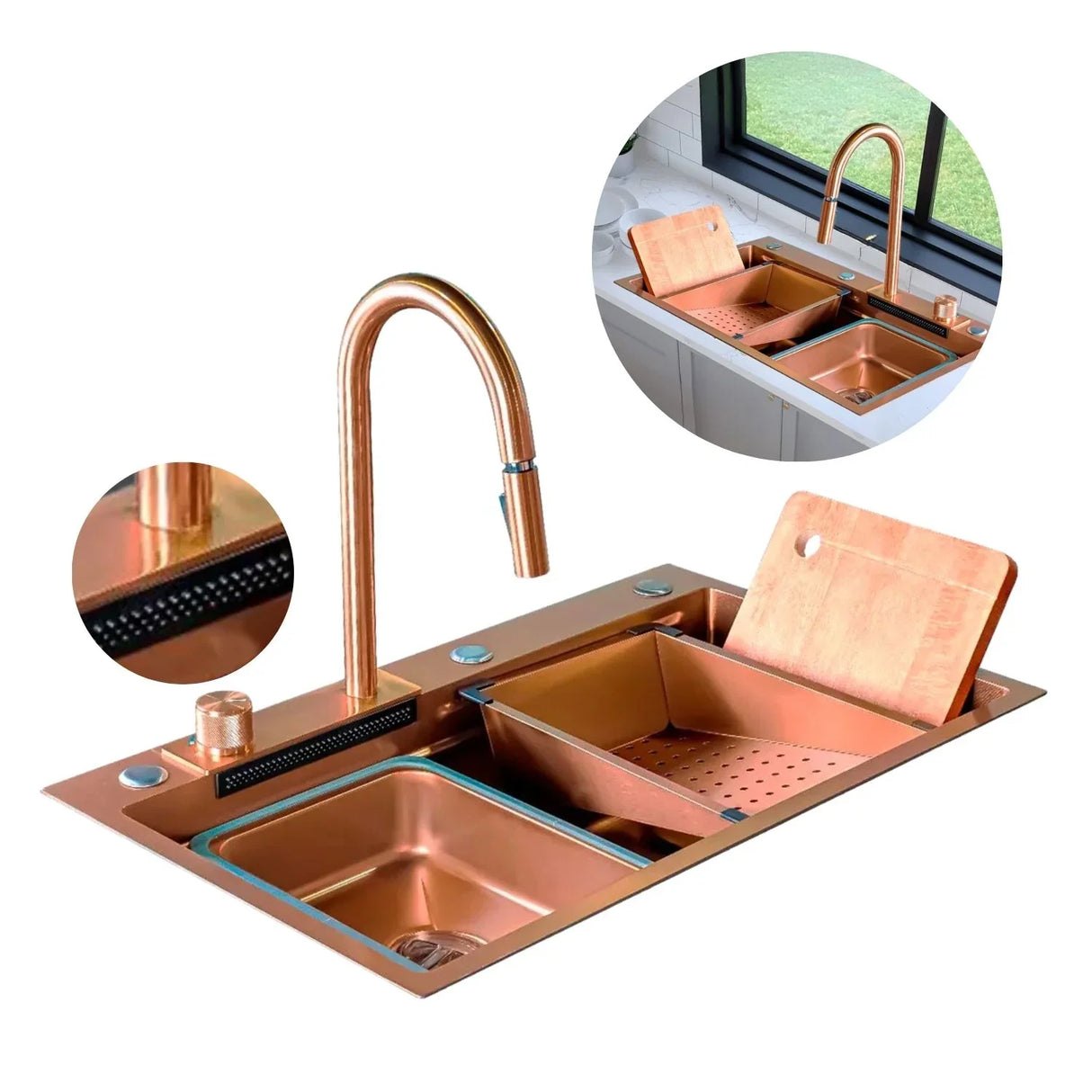 Lavaplatos Oro Rosa con Grifería y Accesorios - Acero SUS304 - 75x46 cm