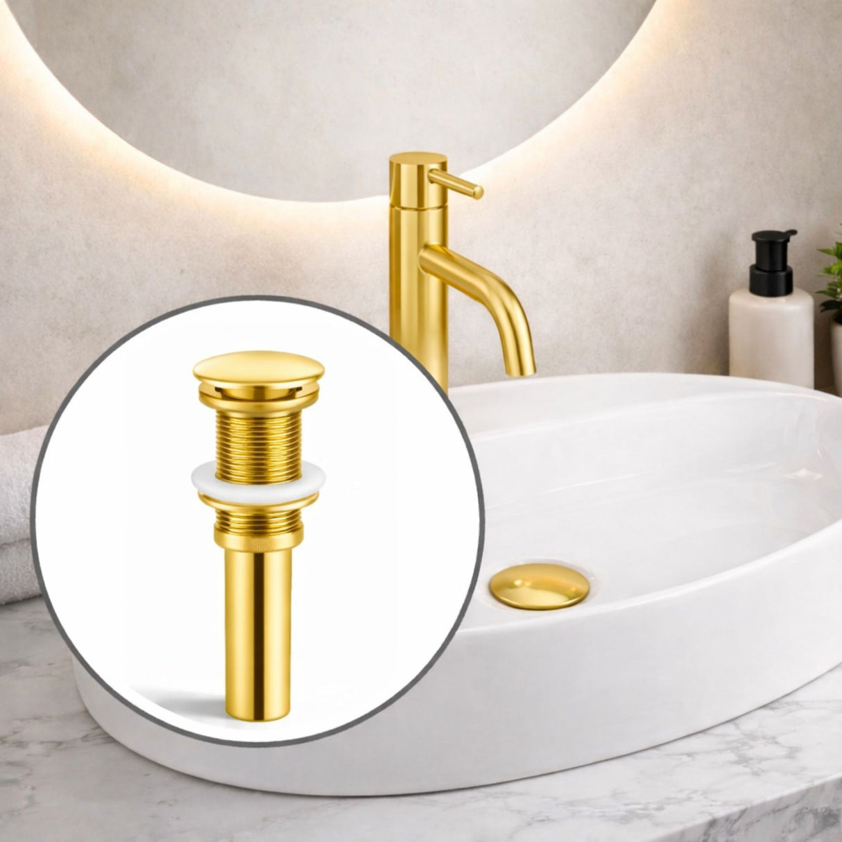 Desagüe Push para Lavamanos Oro 7,8 cm de alto y 6,6 cm de ancho
